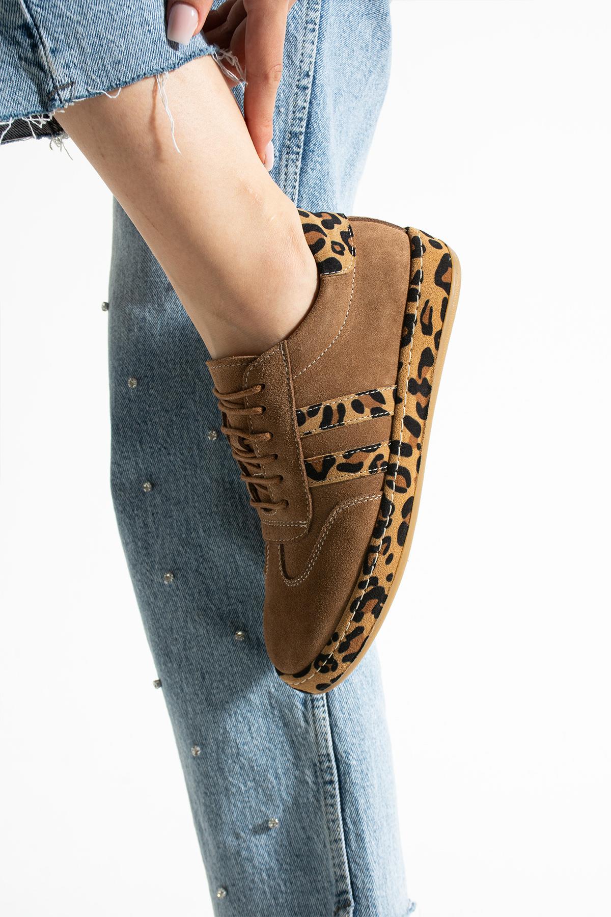 Let's Walk DAİSY KADIN HAKİKİ DERİ LEOPAR KAPLAMALI SNEAKERS AYAKKABI CAMEL