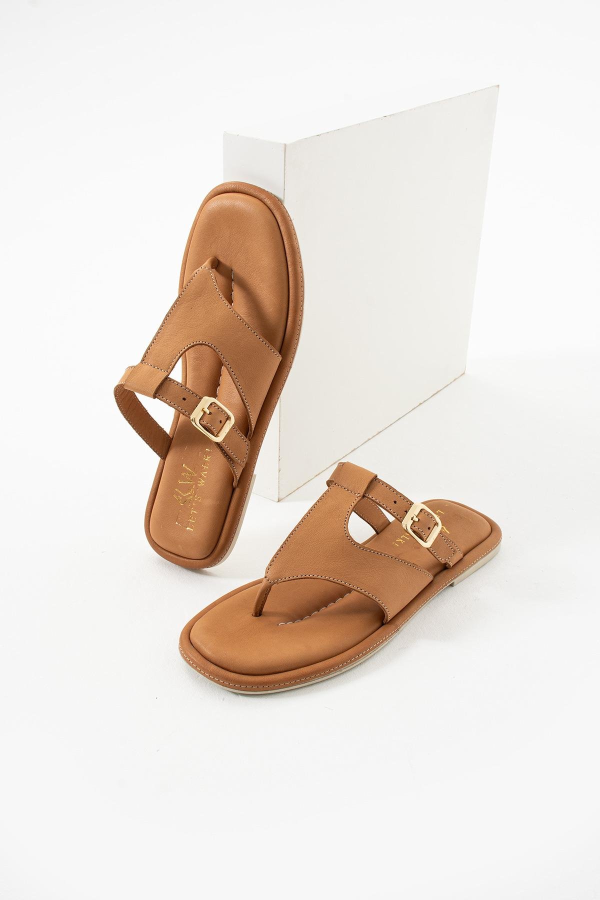 Let's Walk TERRA KADIN HAKİKİ DETRİ PARMAK ARASI TERLİK CAMEL