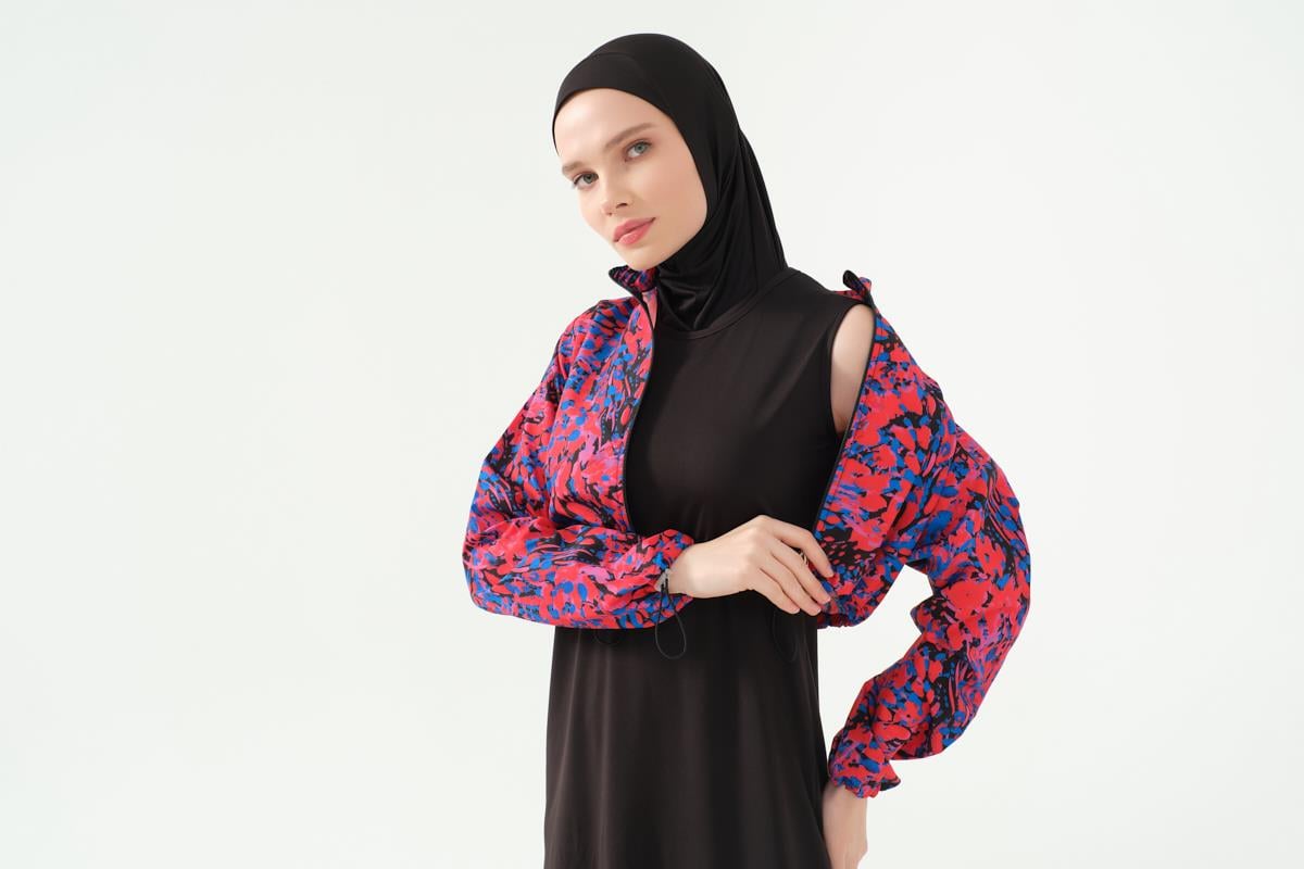 Desenli Crop Tesettür Mayo Siyah