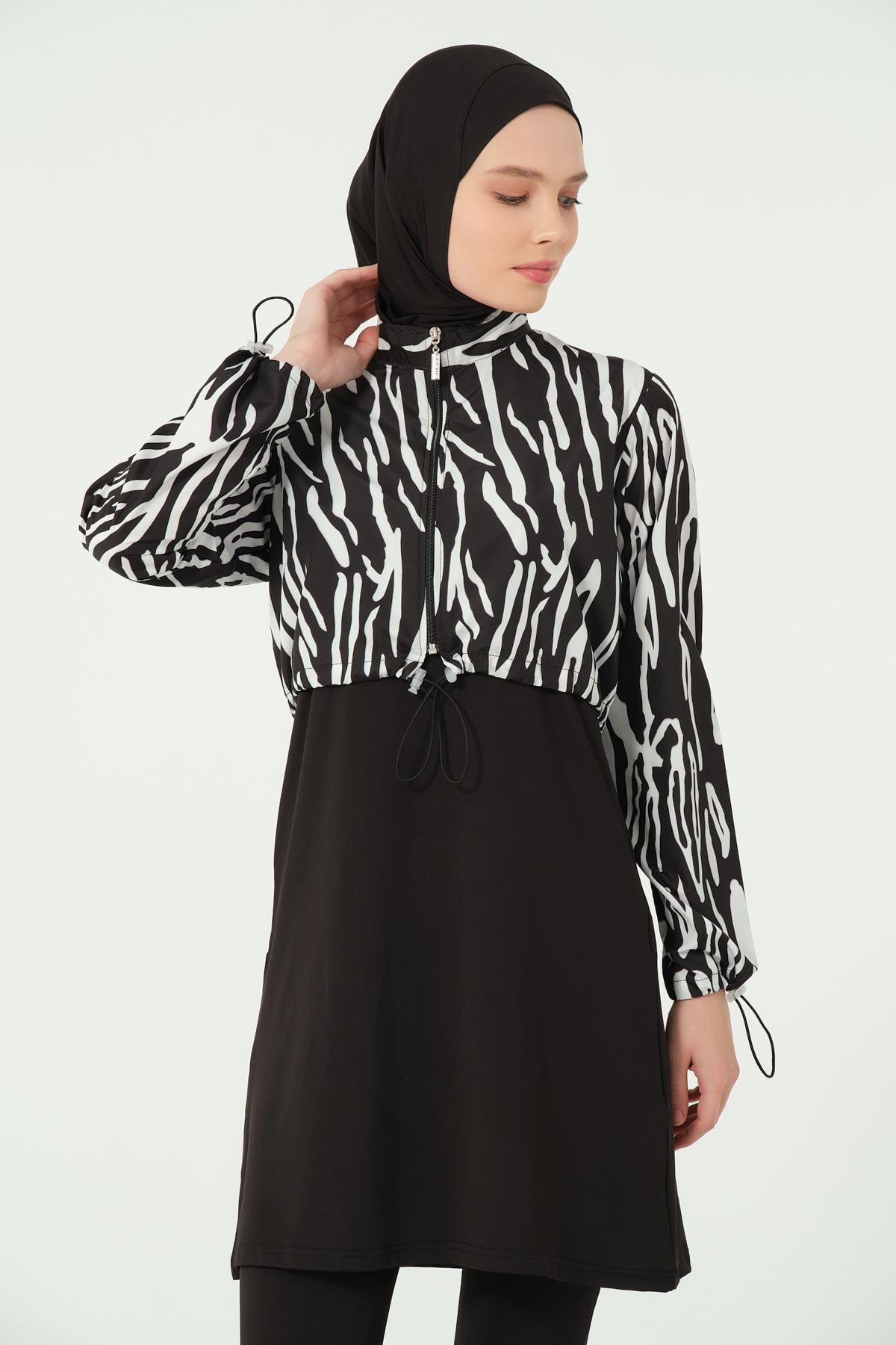 Desenli Crop Tesettür Mayo Siyah