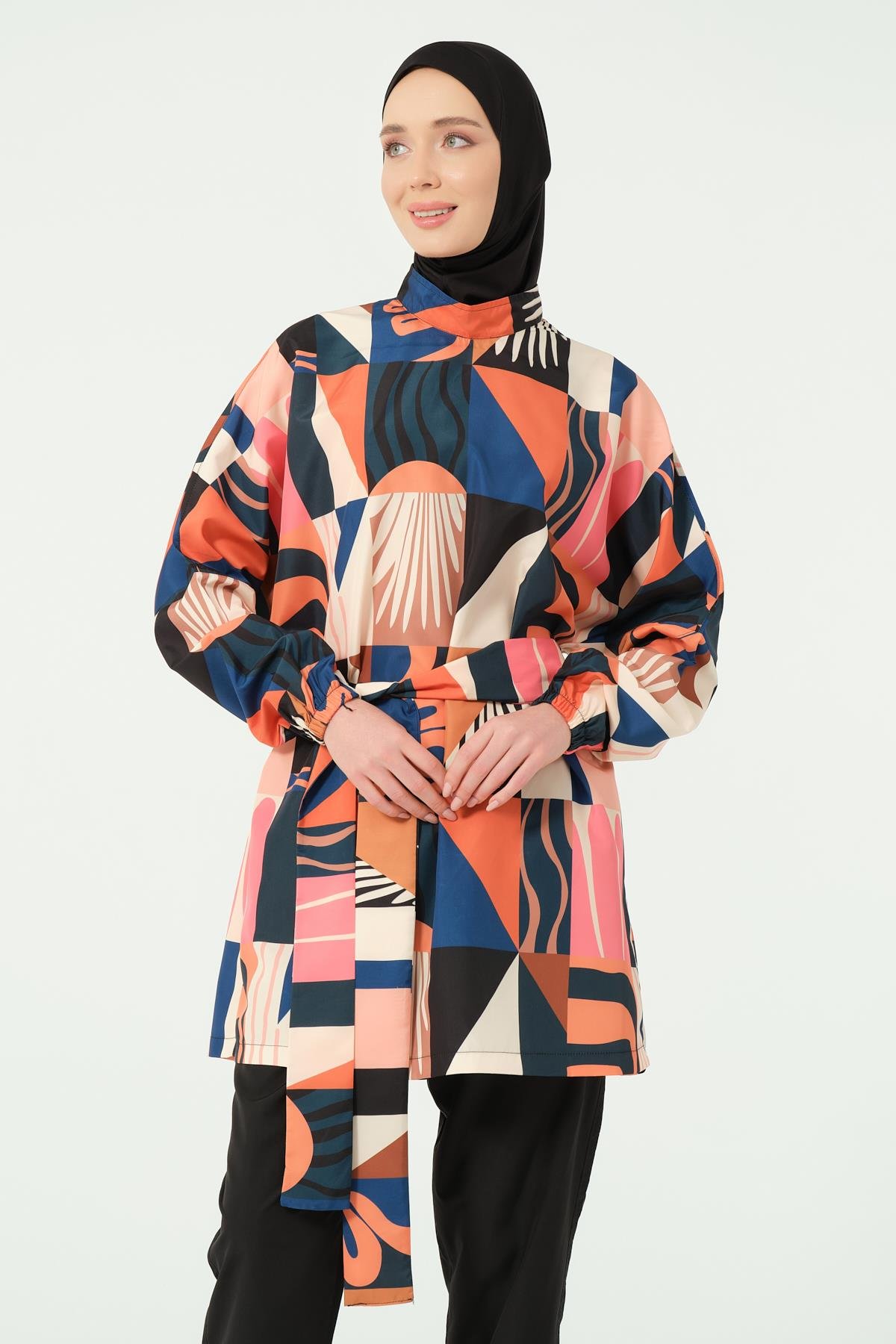Desenli Oversize Tesettür Mayo Siyah
