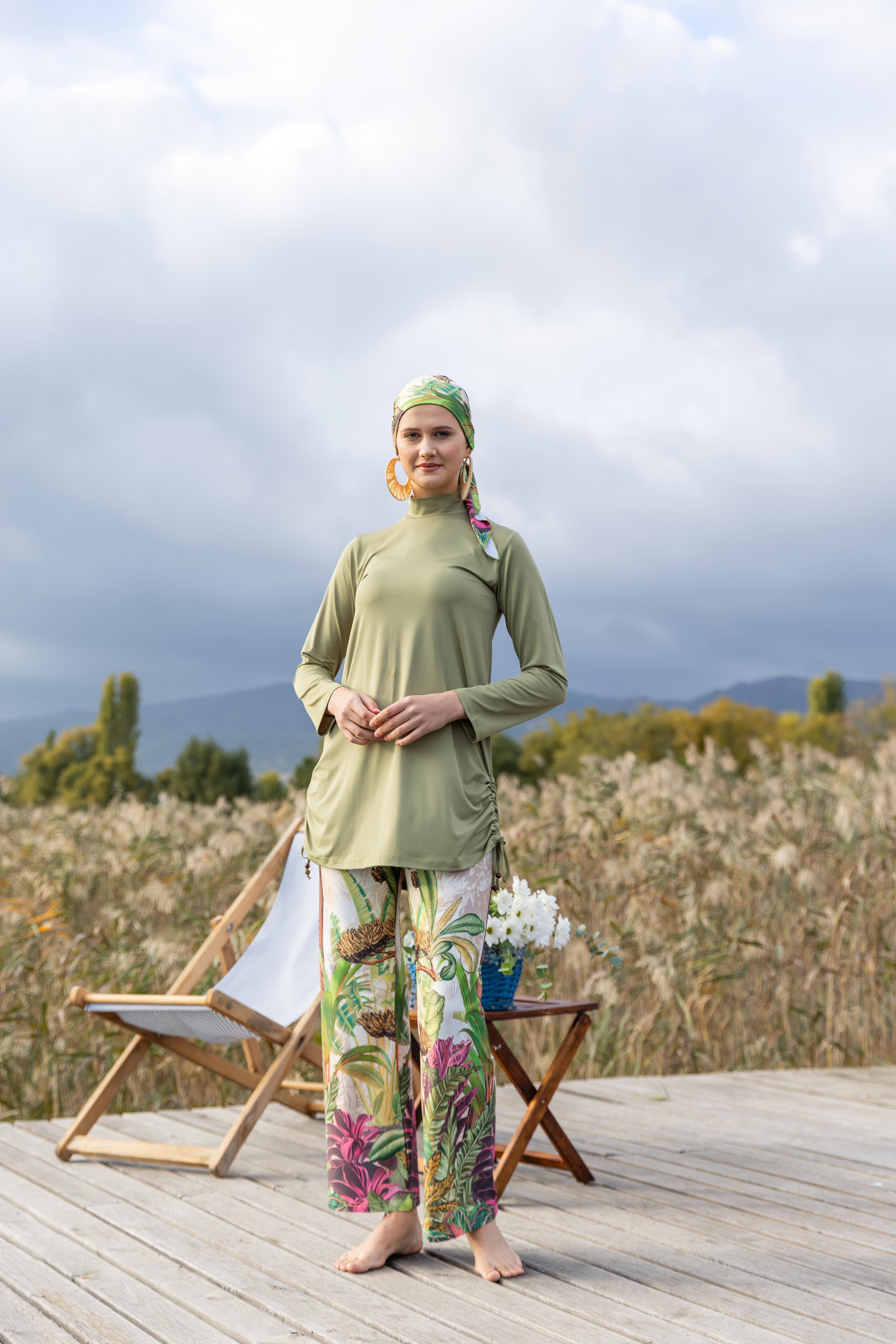 Flora Desenli Tesettür Mayo Zeytin Yeşili