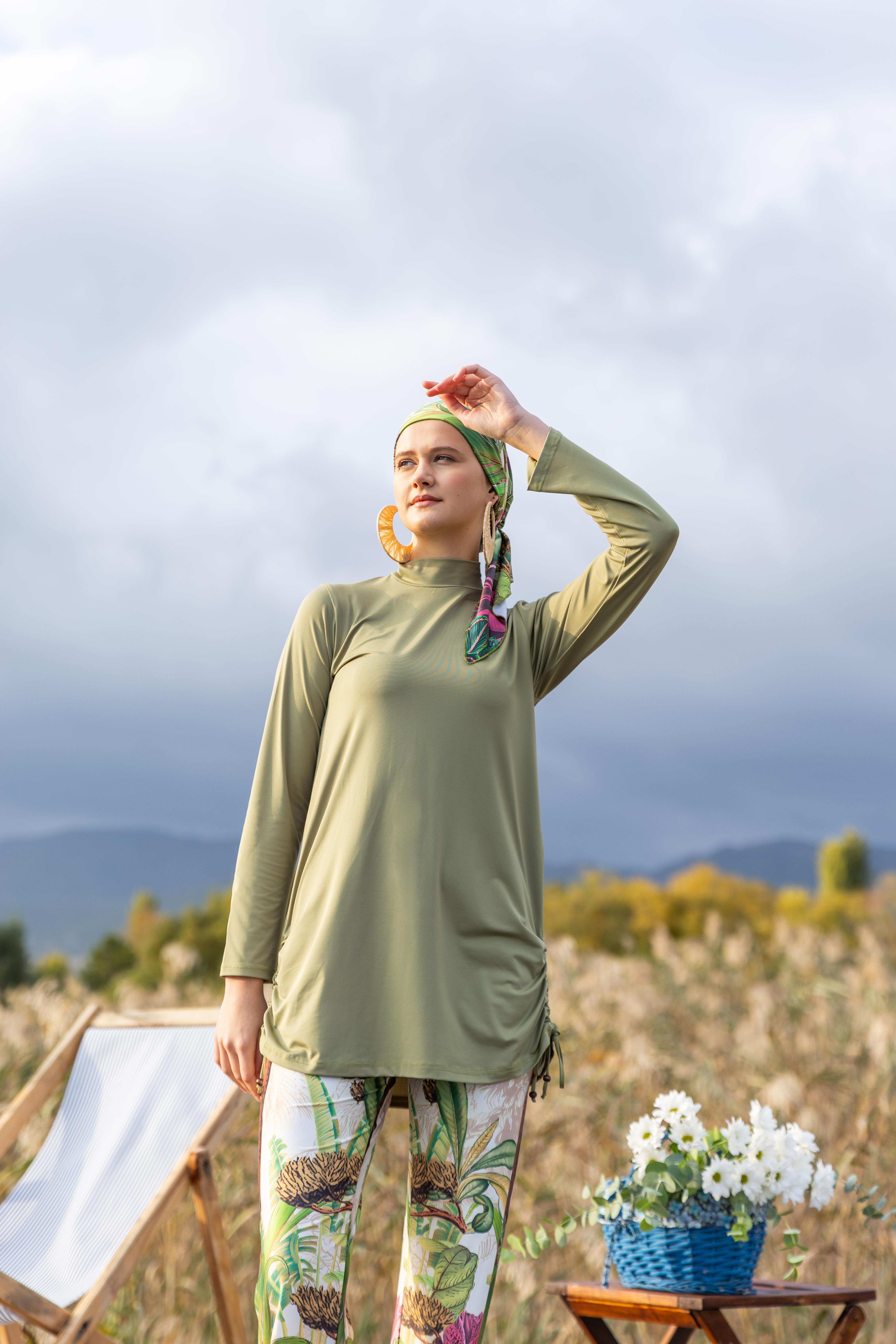 Flora Desenli Tesettür Mayo Zeytin Yeşili