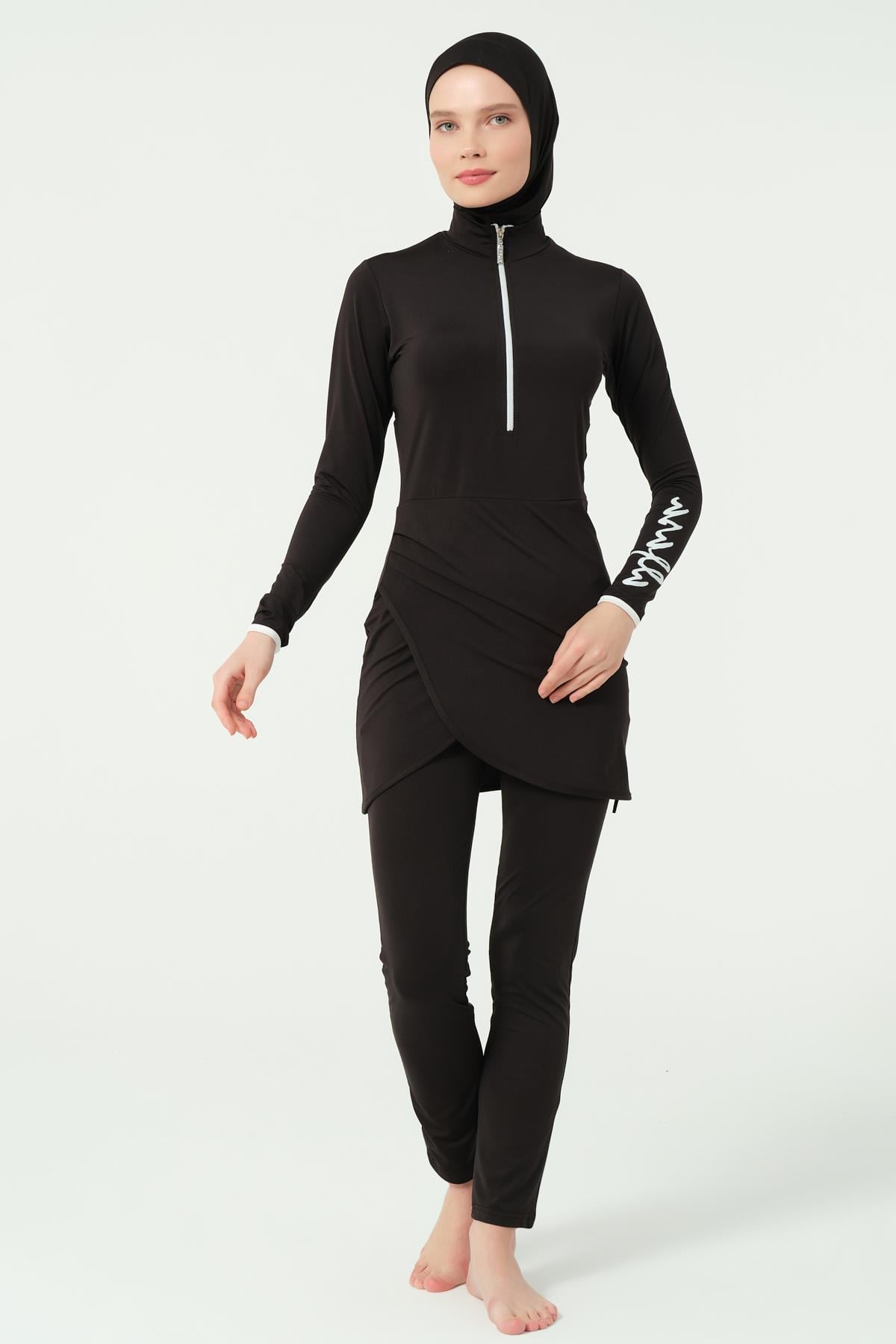 Kol Baskılı Anvelop Etekli Tesettür Mayo Siyah