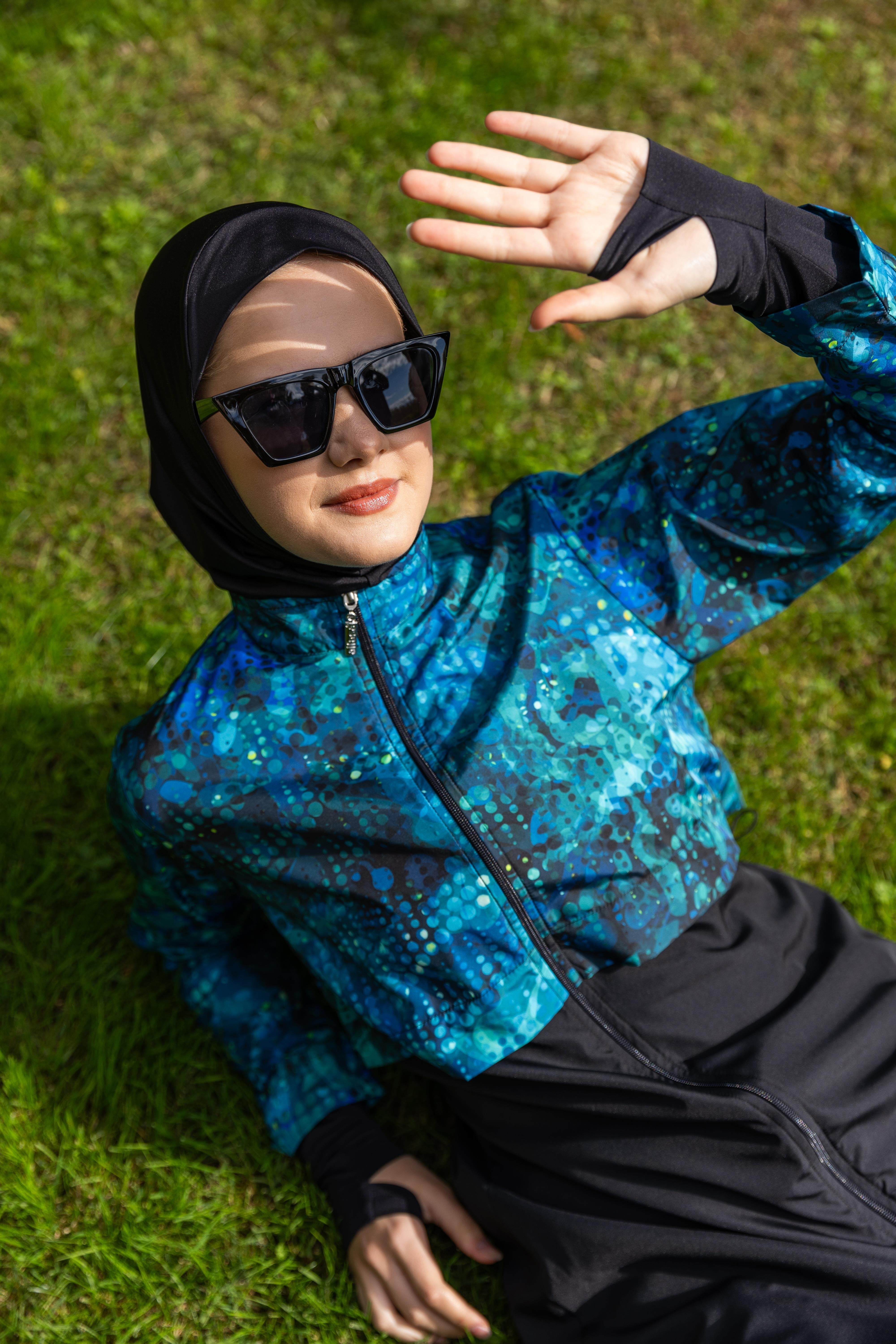 Parmak Geçirmeli Crop Battal Tesettür Mayo Siyah