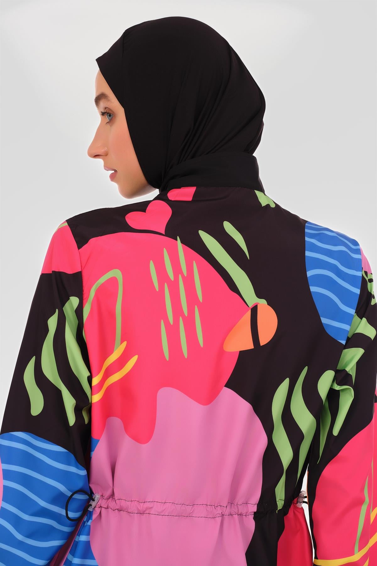 Sakura Desenli Uzun Tesettür Mayo Siyah