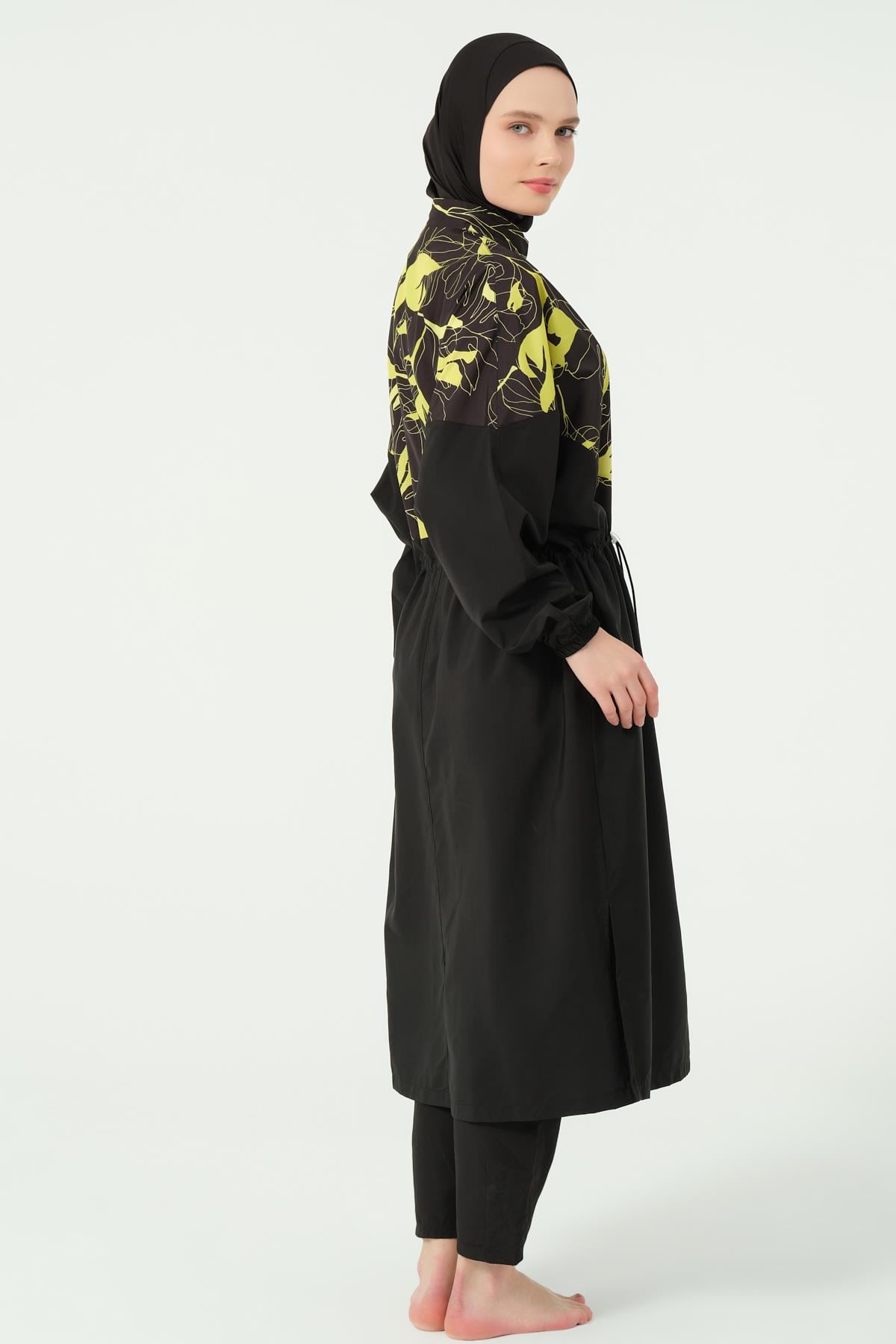 Soft Desenli Oversize Uzun Tesettür Mayo Siyah