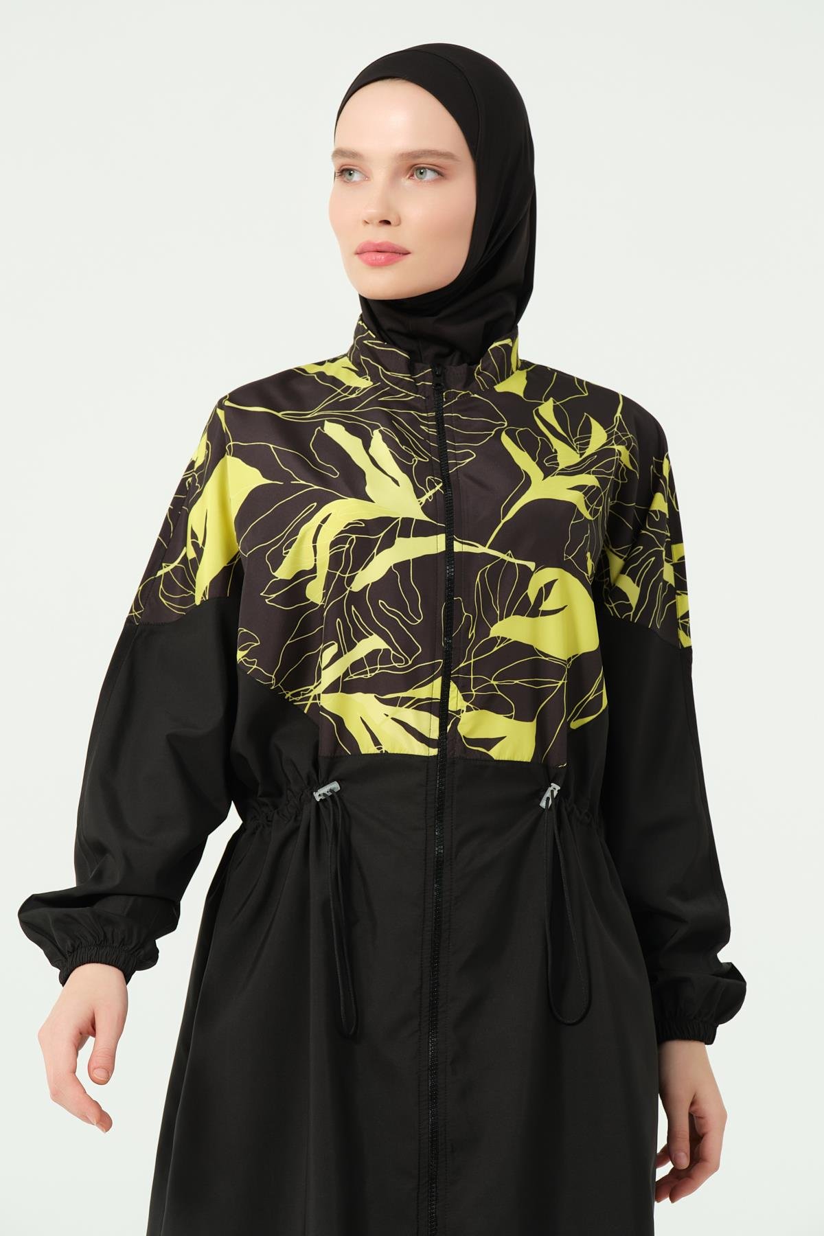 Soft Desenli Oversize Uzun Tesettür Mayo Siyah