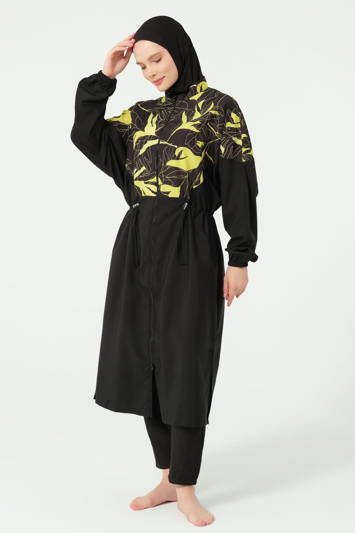 Soft Desenli Oversize Uzun Tesettür Mayo Siyah