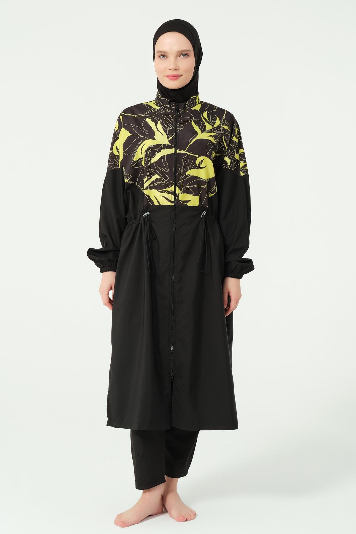 Soft Desenli Oversize Uzun Tesettür Mayo Siyah