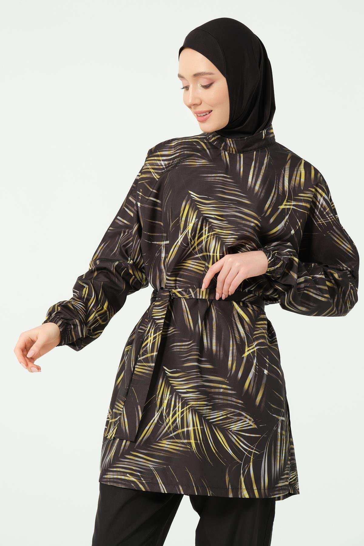 Yaprak Desenli Oversize Tesettür Mayo Siyah