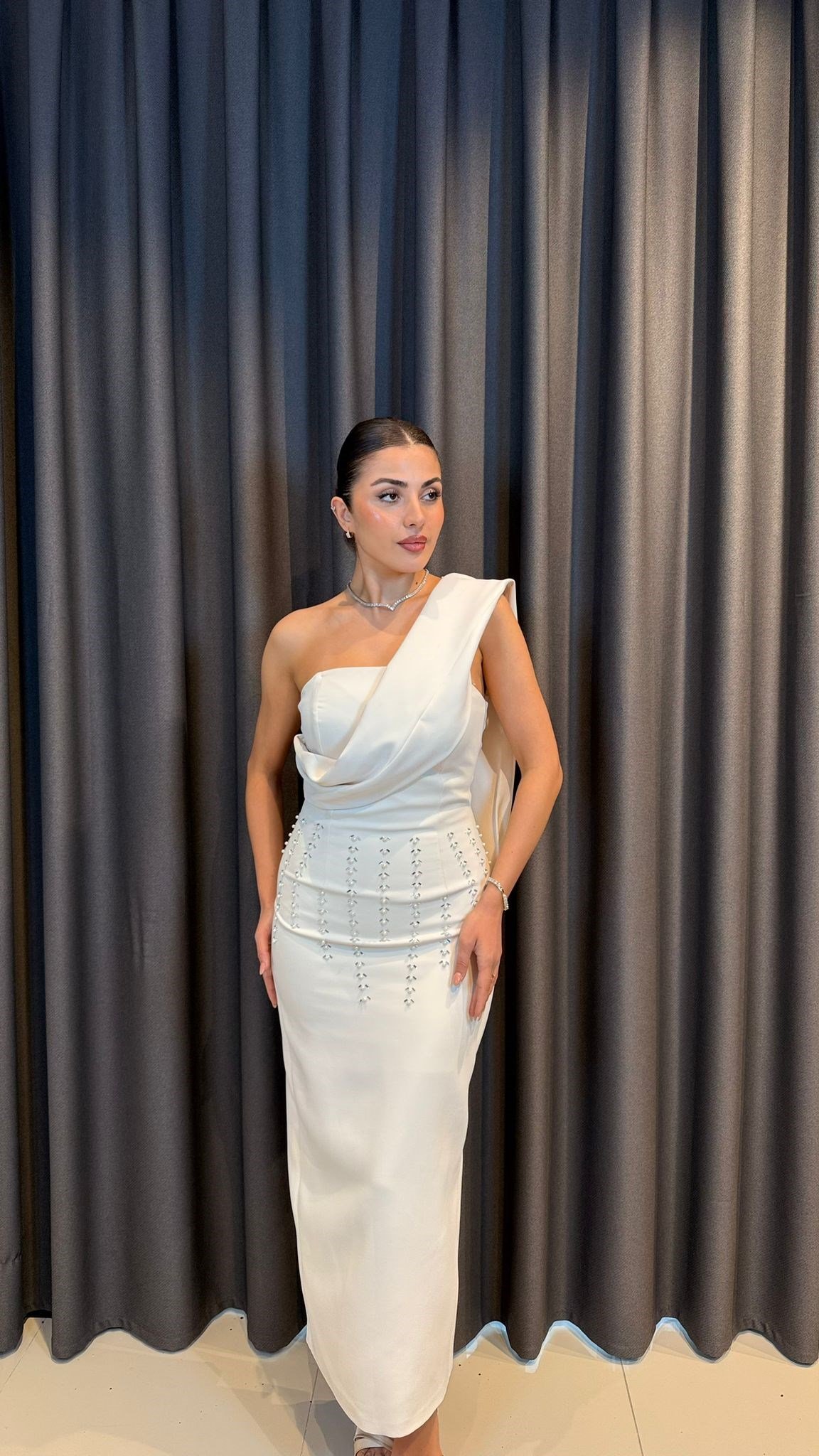 Ekru Tek Omuz Kristal İşlemeli Drape Abiye