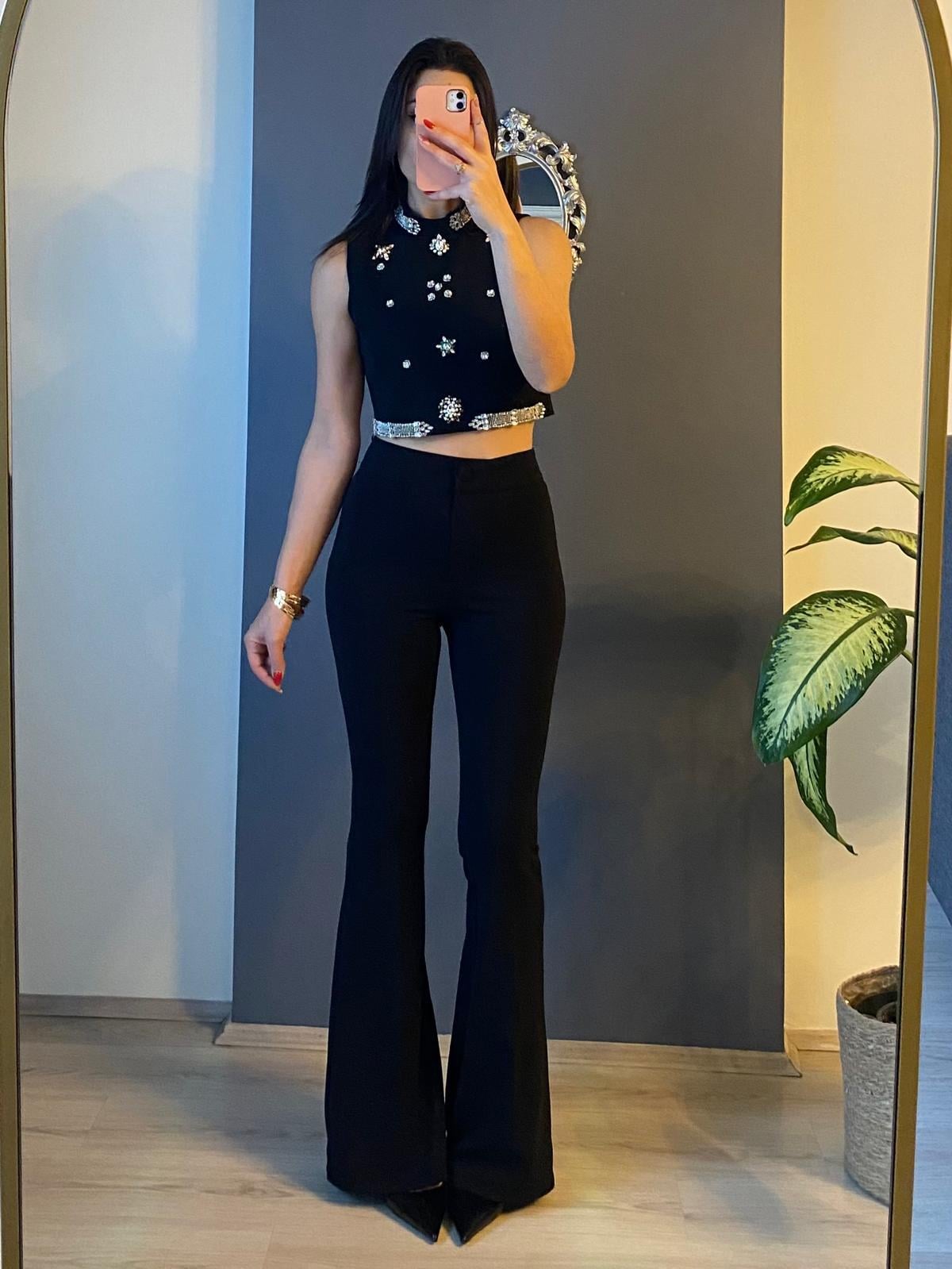 İSPANYOL PAÇA  KUMAŞ PANTALON-SİYAH