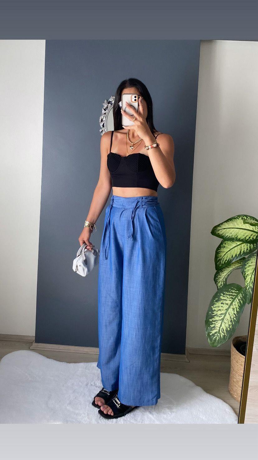MAVİ TENSEL BOL  KESİM PANTALON