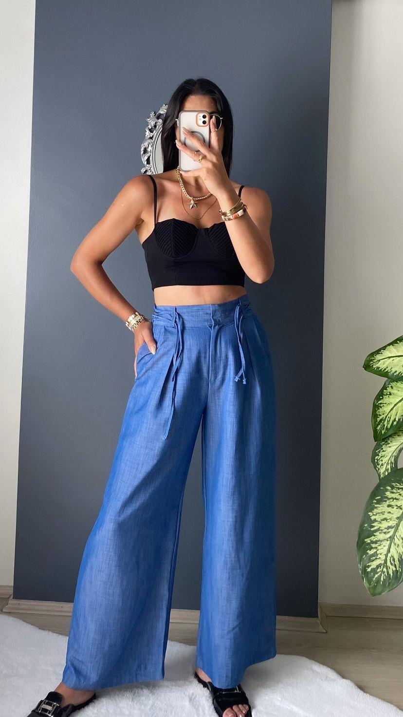 MAVİ TENSEL BOL  KESİM PANTALON