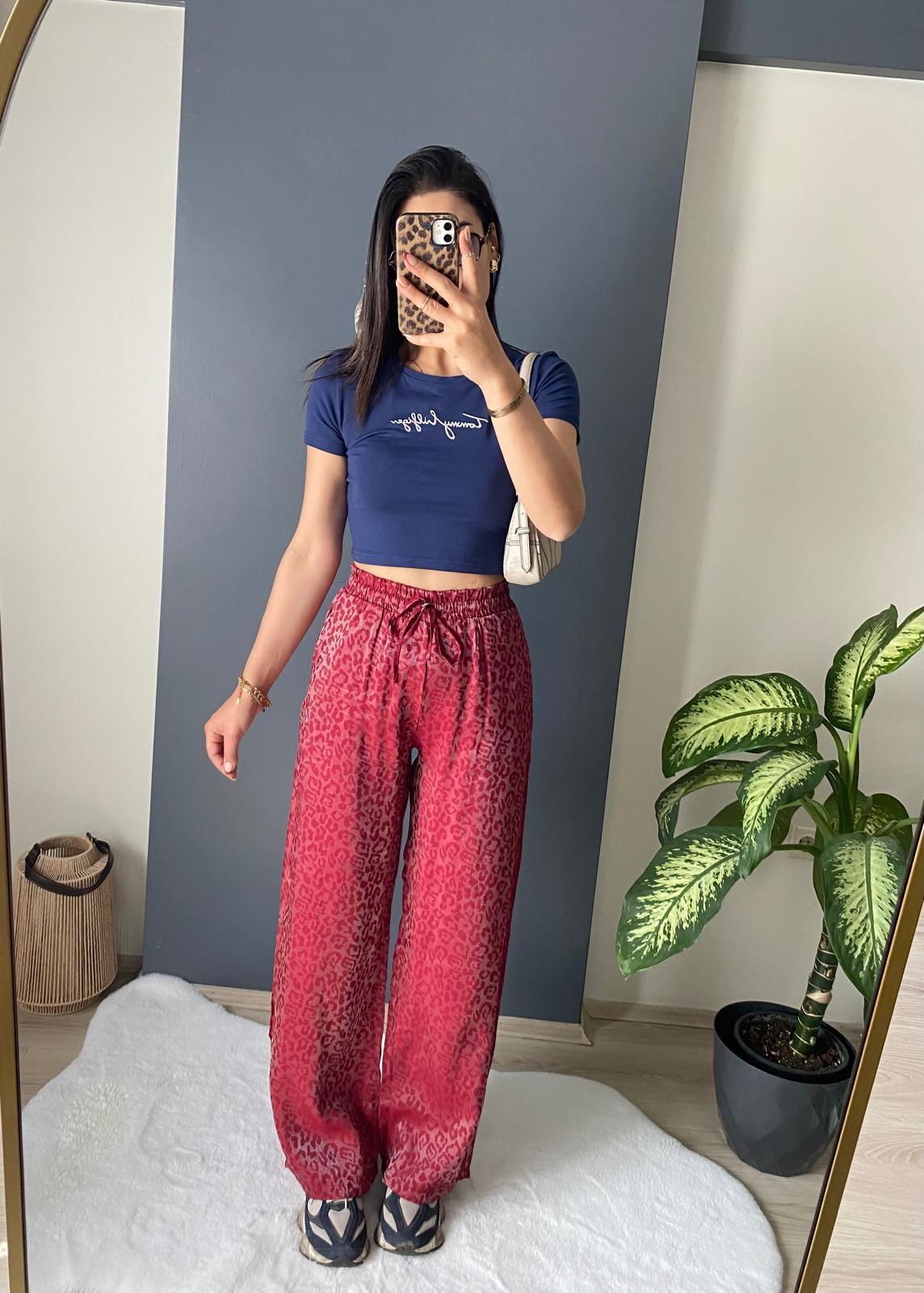SATEN BORDO LEOPAR RAHAT PANTALON