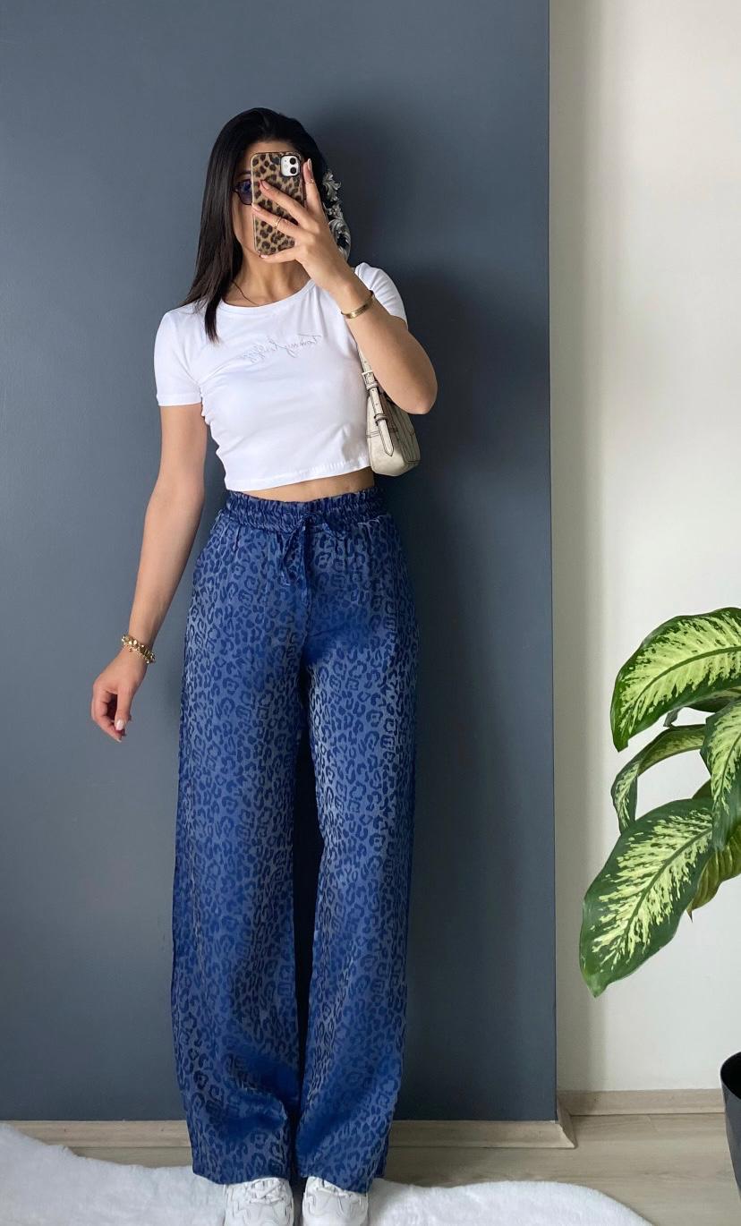 SATEN MAVİ LEOPAR RAHAT PANTALON