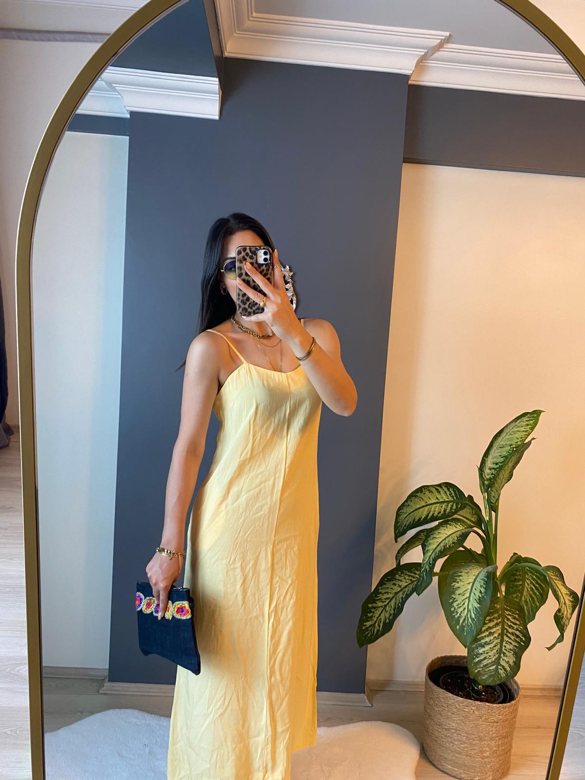 TENSEL KUMAŞ SARI ELBİSE
