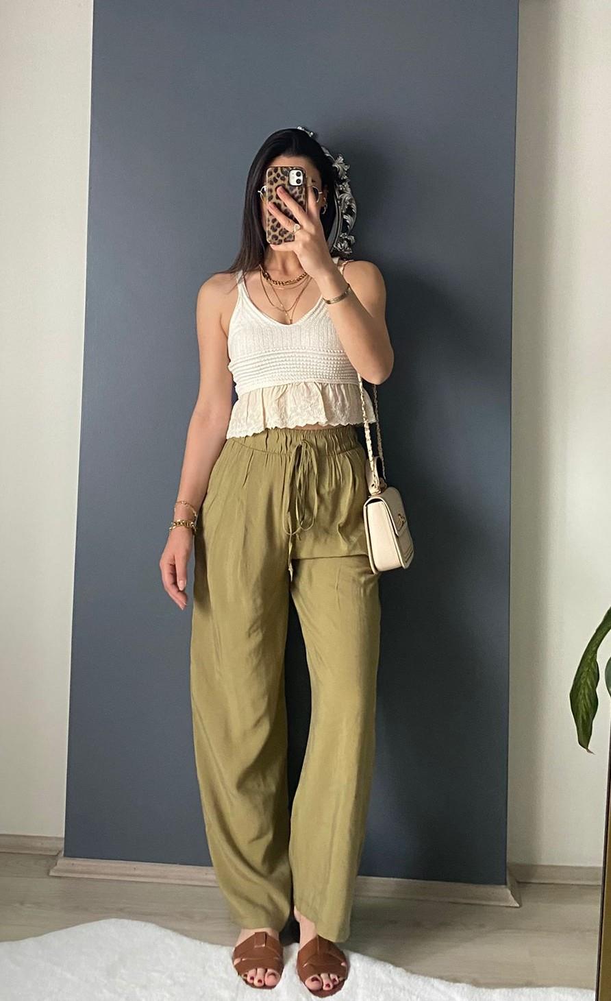 YAĞ YEŞİLİ TENSEL RAHAT PANTALON