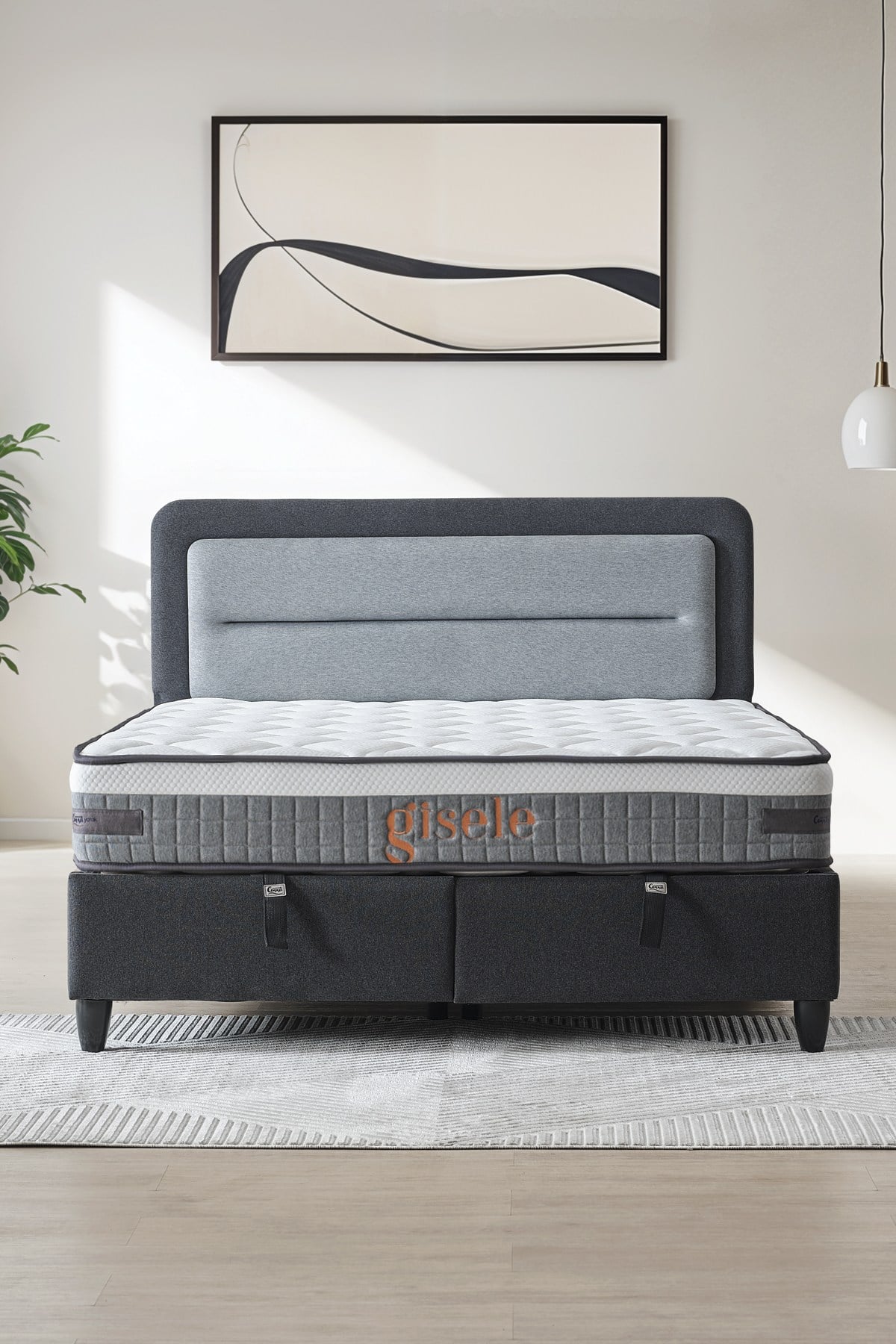 Cennet Yatak Gisele Modeli Full Ortopedik Çift Kişilik Pedli Yataklı Baza ve Başlık Takımı 3 lü Set