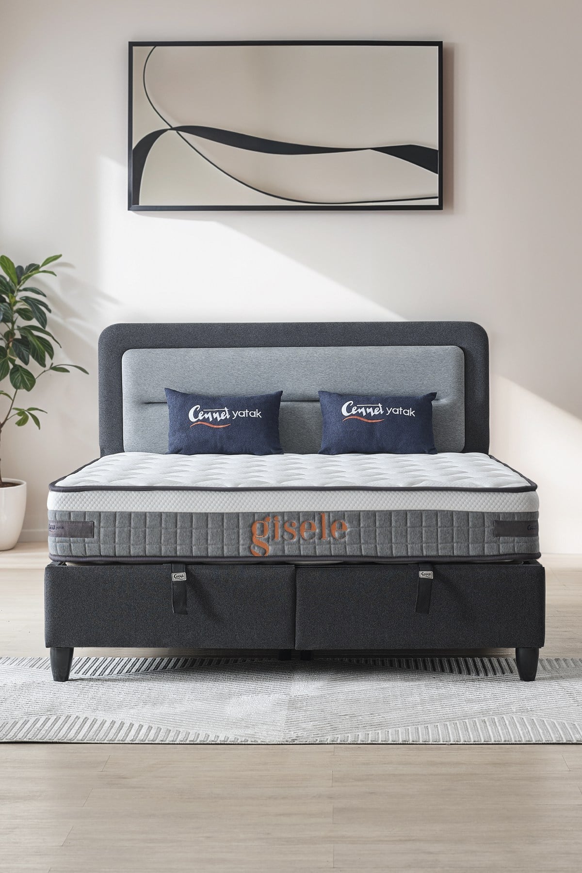 Cennet Yatak Gisele Modeli Full Ortopedik Çift Kişilik Pedli Yataklı Baza ve Başlık Takımı 3 lü Set