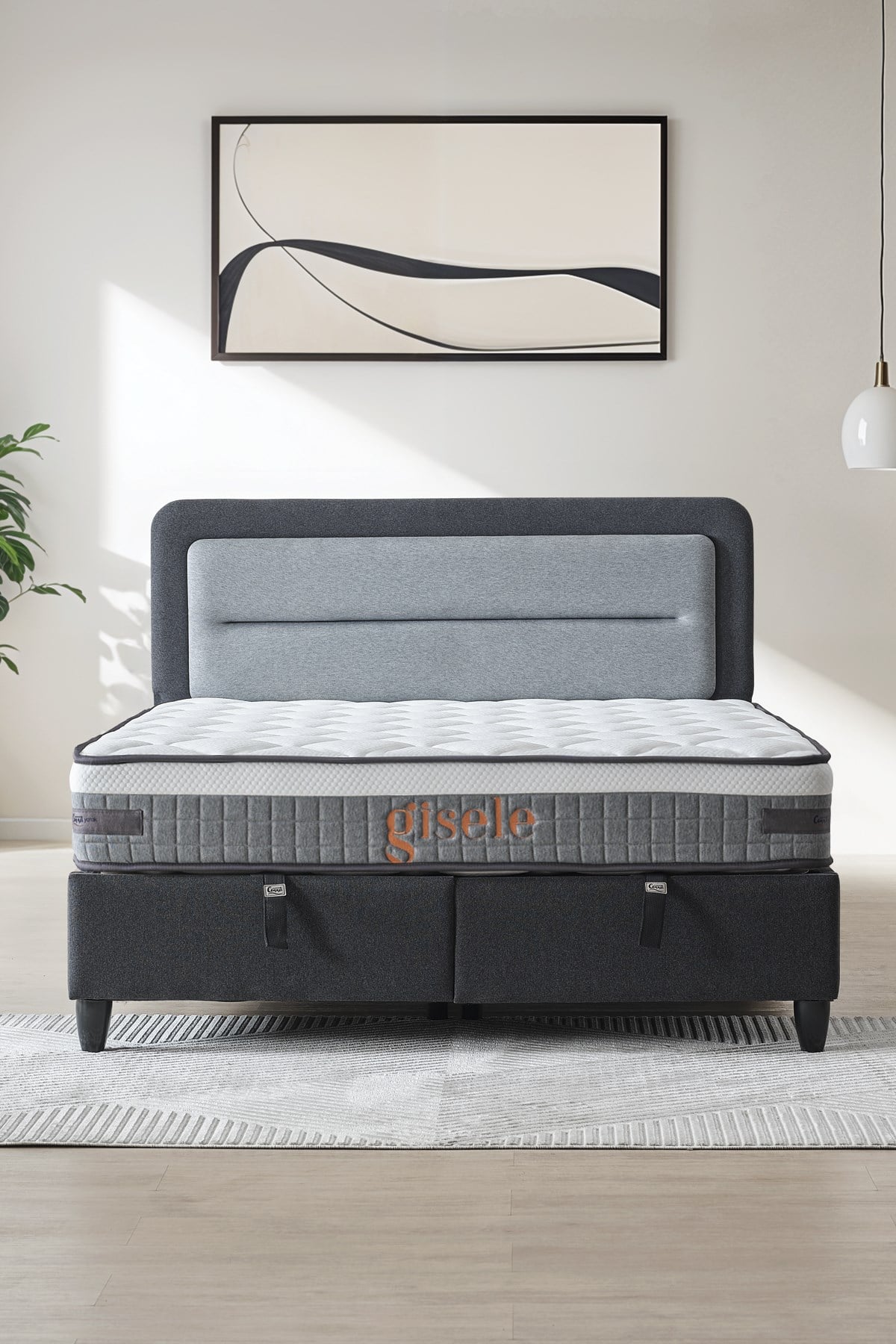 Cennet Yatak Gisele Modeli Full Ortopedik Çift Kişilik Pedli Yataklı Baza ve Başlık Takımı 3 lü Set