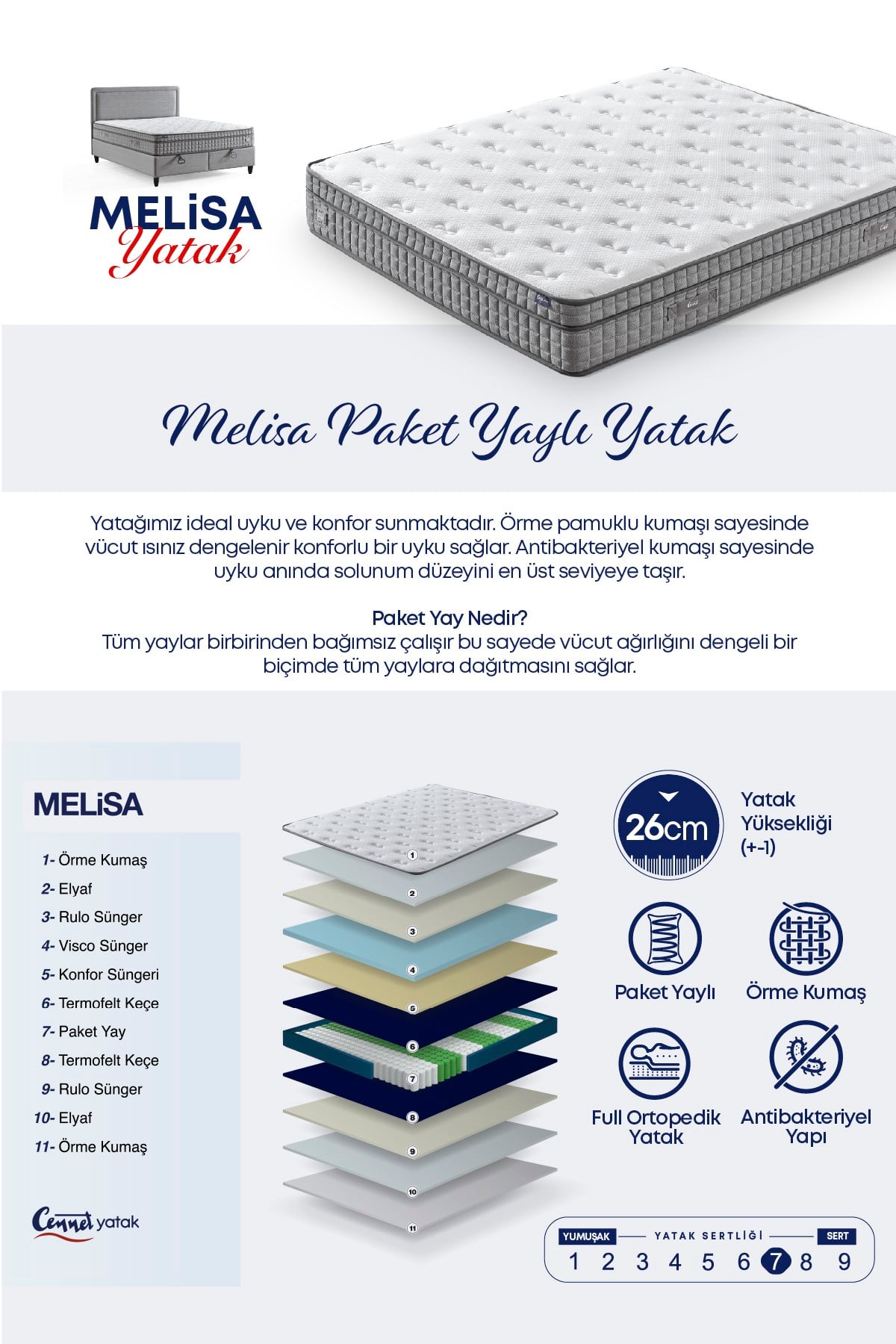 Cennet Yatak Melisa Çift Kişilik Sandıklı Baza + Full Ortopedik Antibakteriyel Paket Yaylı Visco Yatak + Başlık 3 lü Set