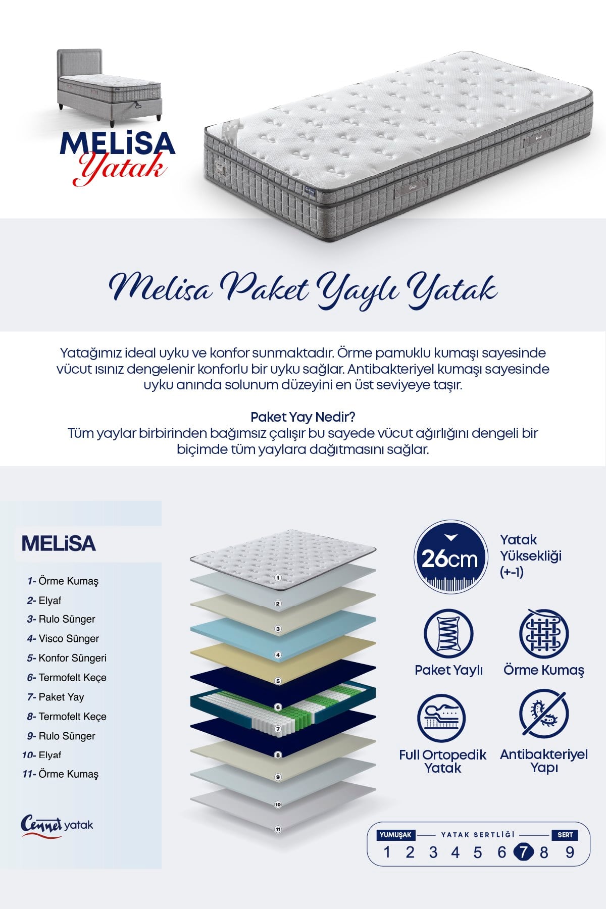 Cennet Yatak Melisa Tek Kişilik Sandıklı Baza + Full Ortopedik Antibakteriyel Visco Yatak + Başlık 3 lü Set