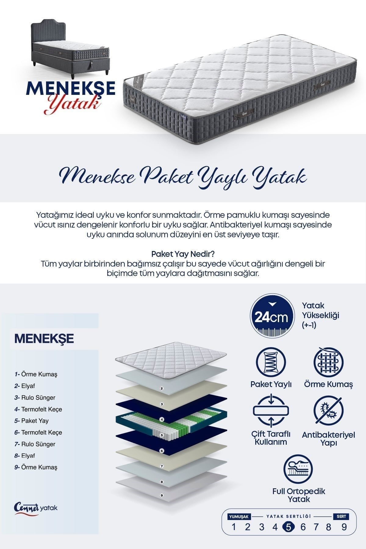 Cennet Yatak Menekşe Modeli Tek Kişilik Paket Yaylı Yatak Antibakteriyel ve Full Ortopedik Sistem