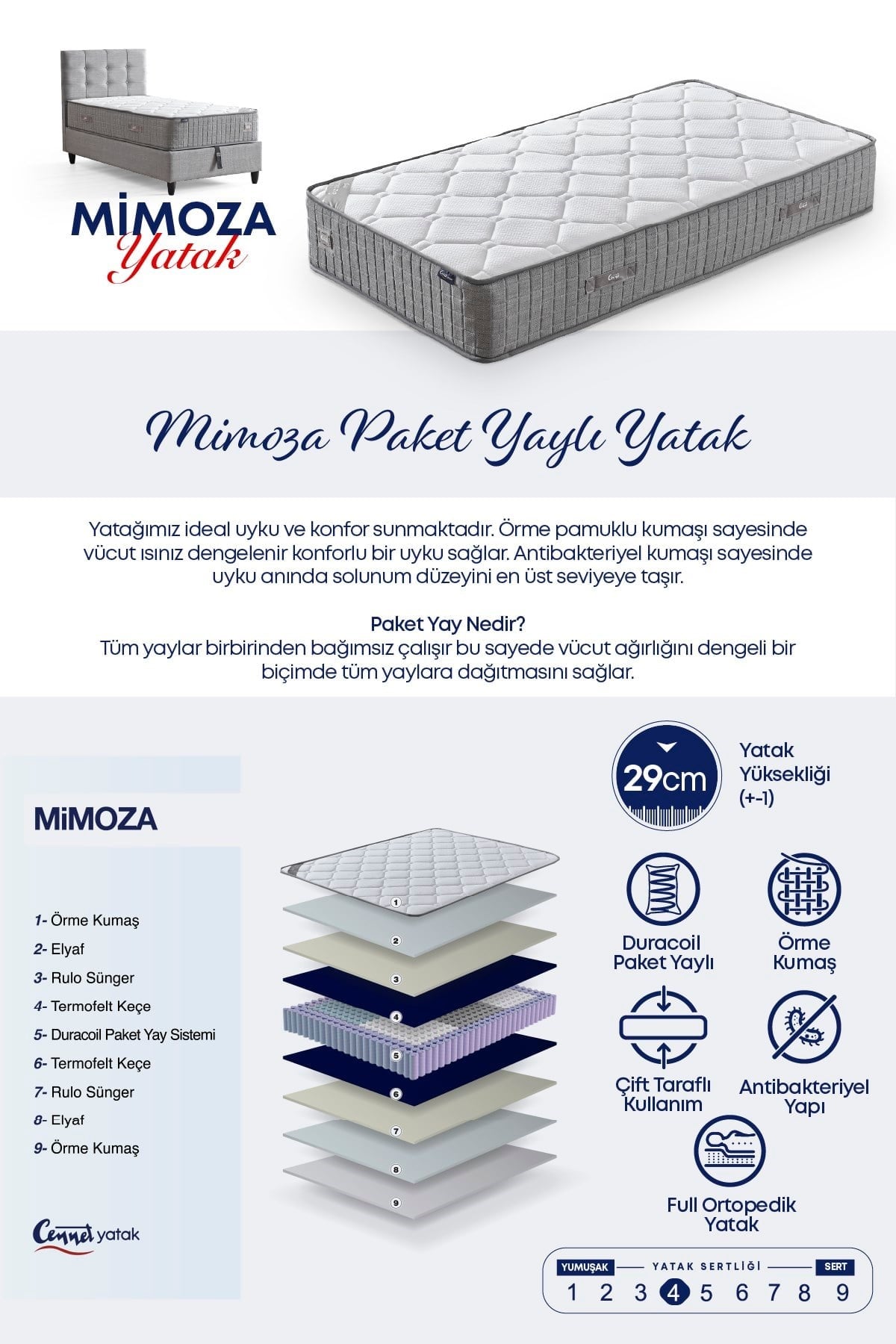 Cennet Yatak Mimoza Modeli Tek Kişilik Full Ortopedik Antibakteriyel Yataklı Baza ve Başlık Takımı 3 lü Set
