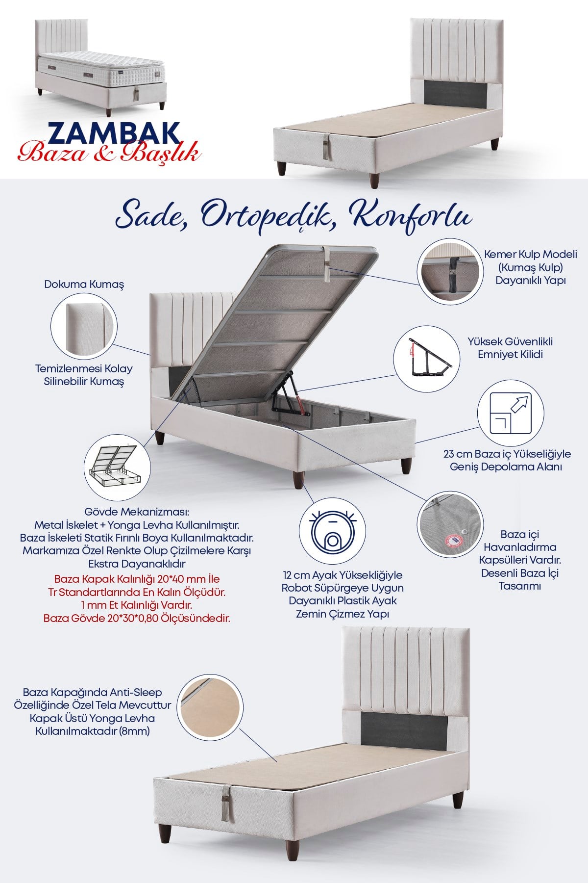 Cennet Yatak Zambak Tek Kişilik Sandıklı Baza + Full Ortopedik Antibakteriyel Pedli Yatak + Başlık 3 lü Set