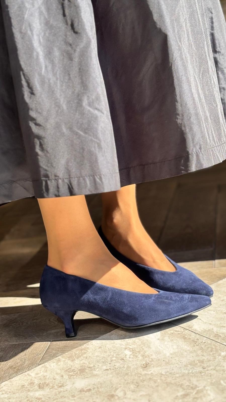 %100 Hakiki Deri Kısa Topuklu(5.5cm) Lacivert