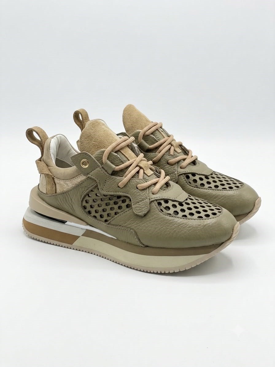 Nefes Alabilen Lazer Kesim %100 Hakiki Deri Sneaker Vizon