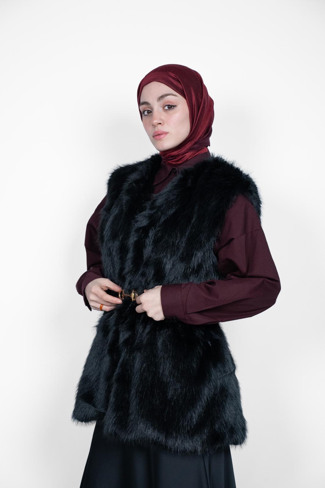 PREMİUM KÜRK KEMERLİ YELEK SİYAH