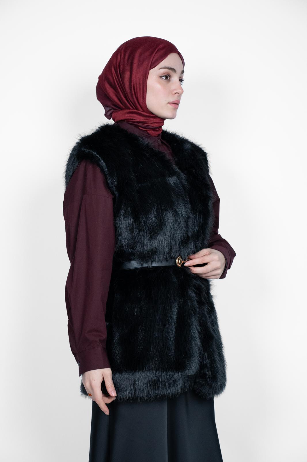 PREMİUM KÜRK KEMERLİ YELEK SİYAH