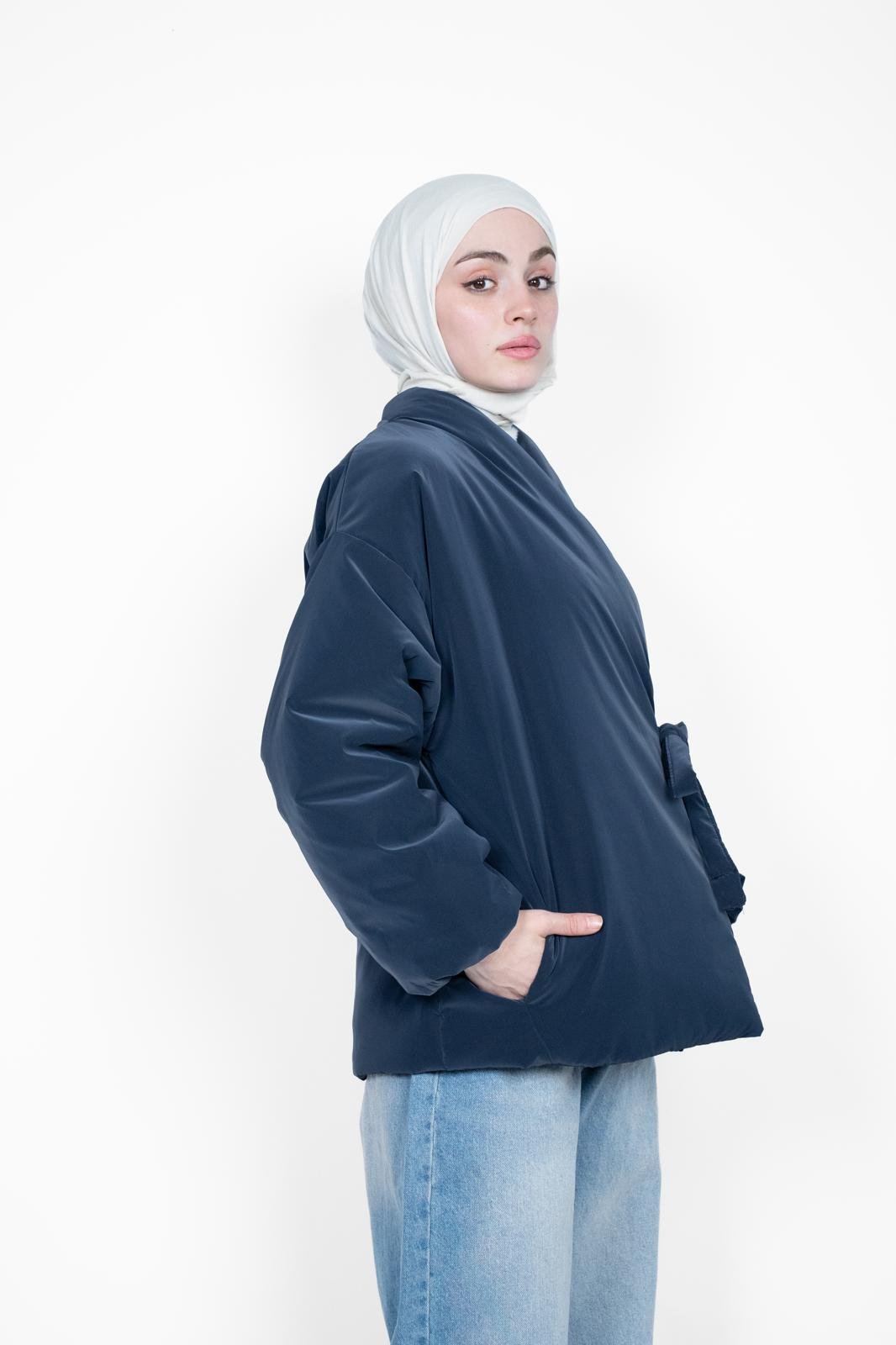 PREMİUM KUŞAKLI MONT MAVİ