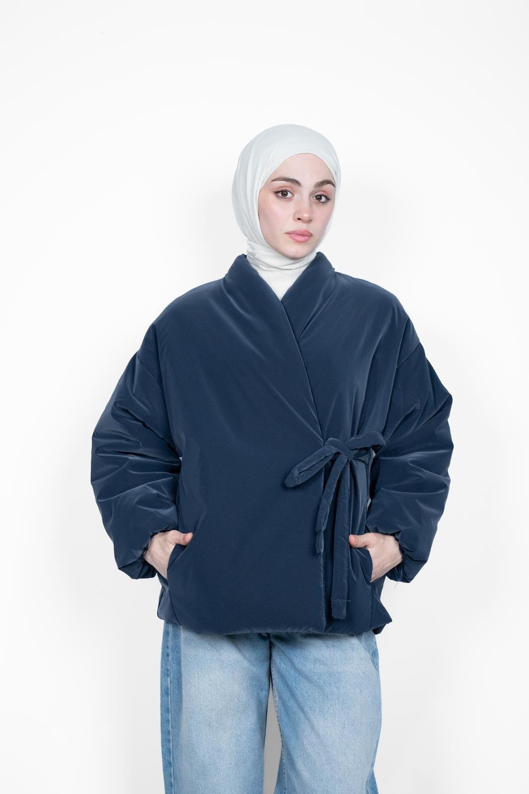 PREMİUM KUŞAKLI MONT MAVİ