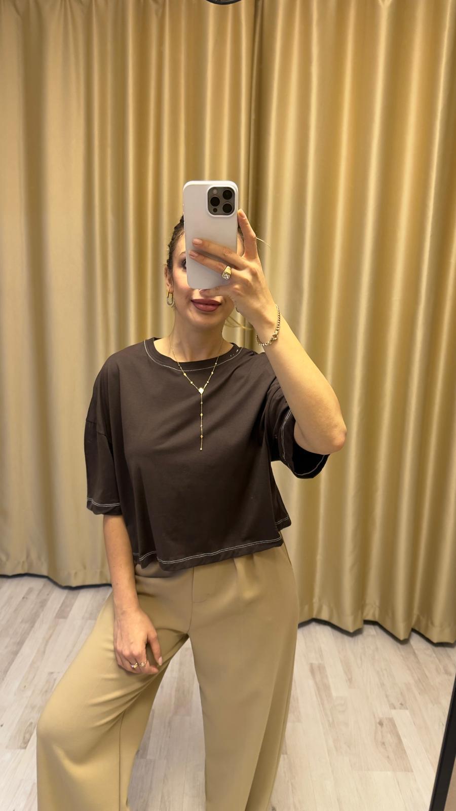 Crop Tişört Oversize Kahverengi