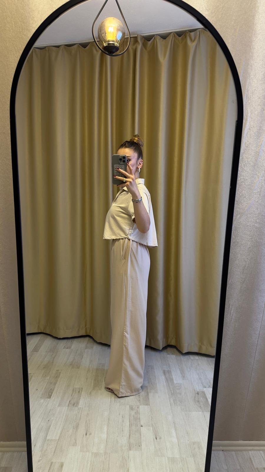 Oversize Gömlek Pantolon Takım Bej