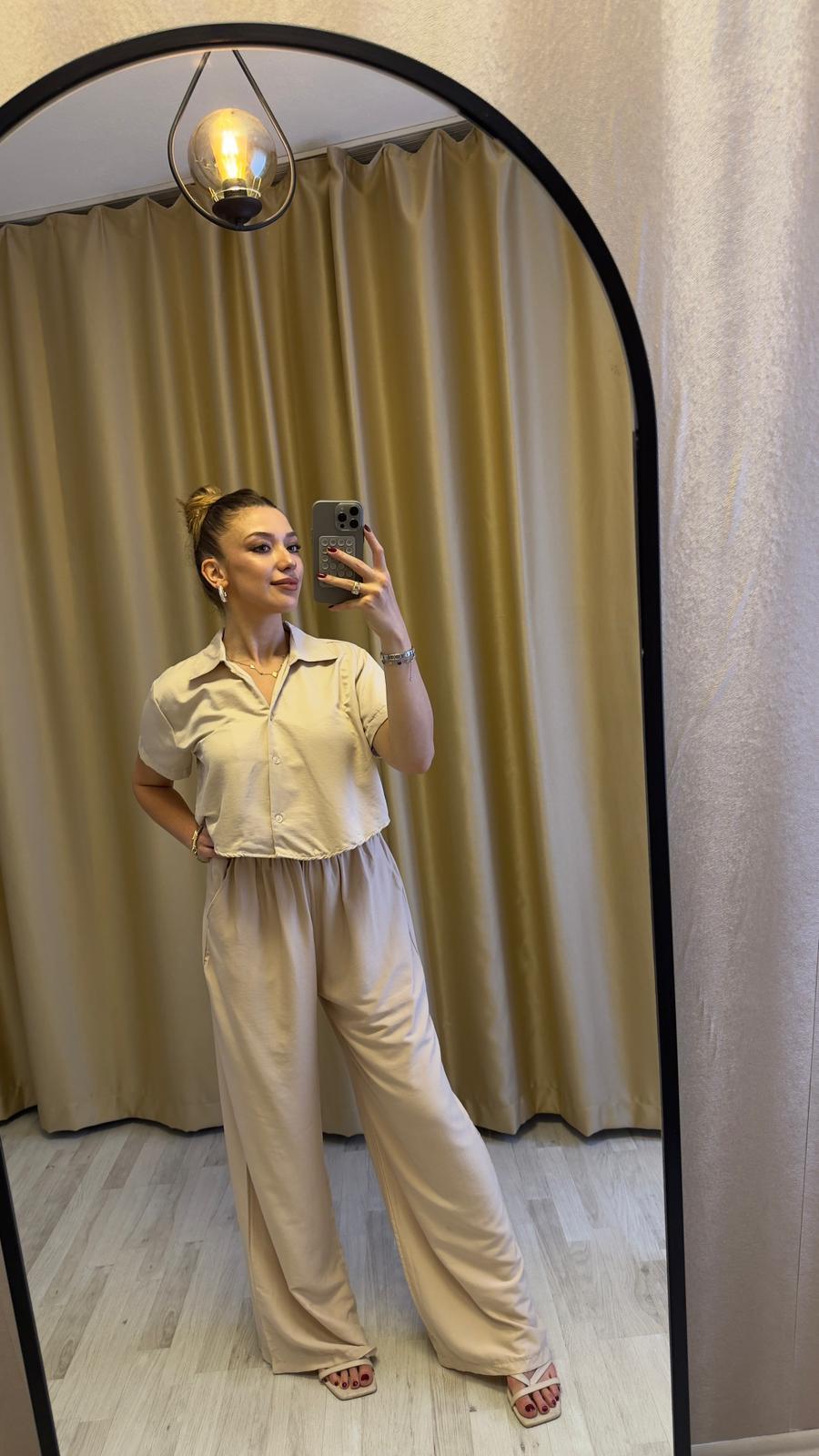 Oversize Gömlek Pantolon Takım Bej