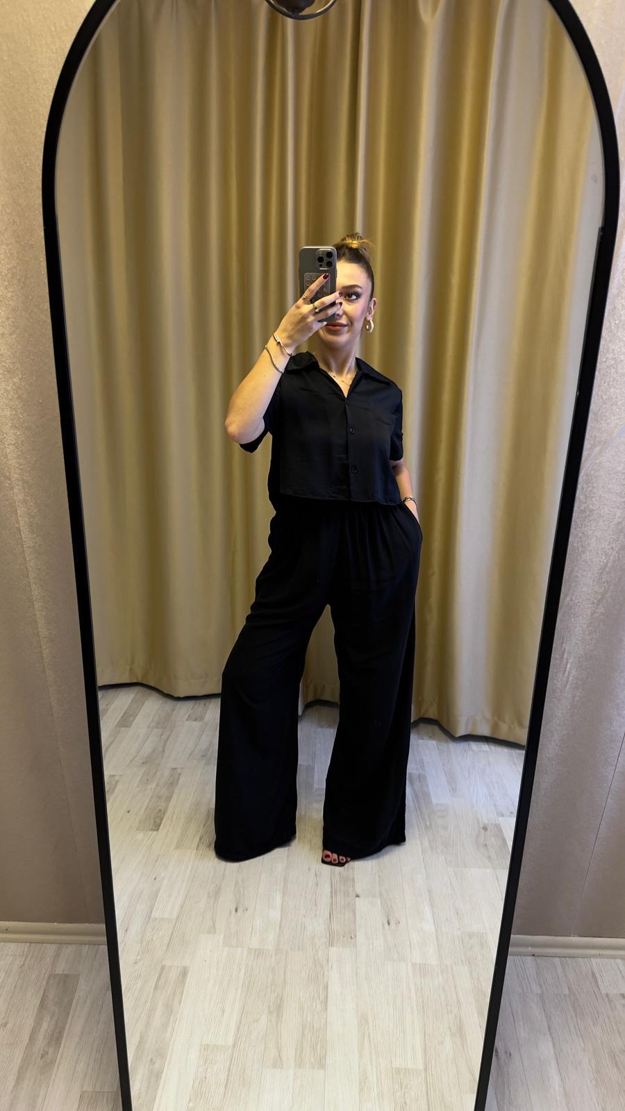 Oversize Gömlek Pantolon Takım Siyah