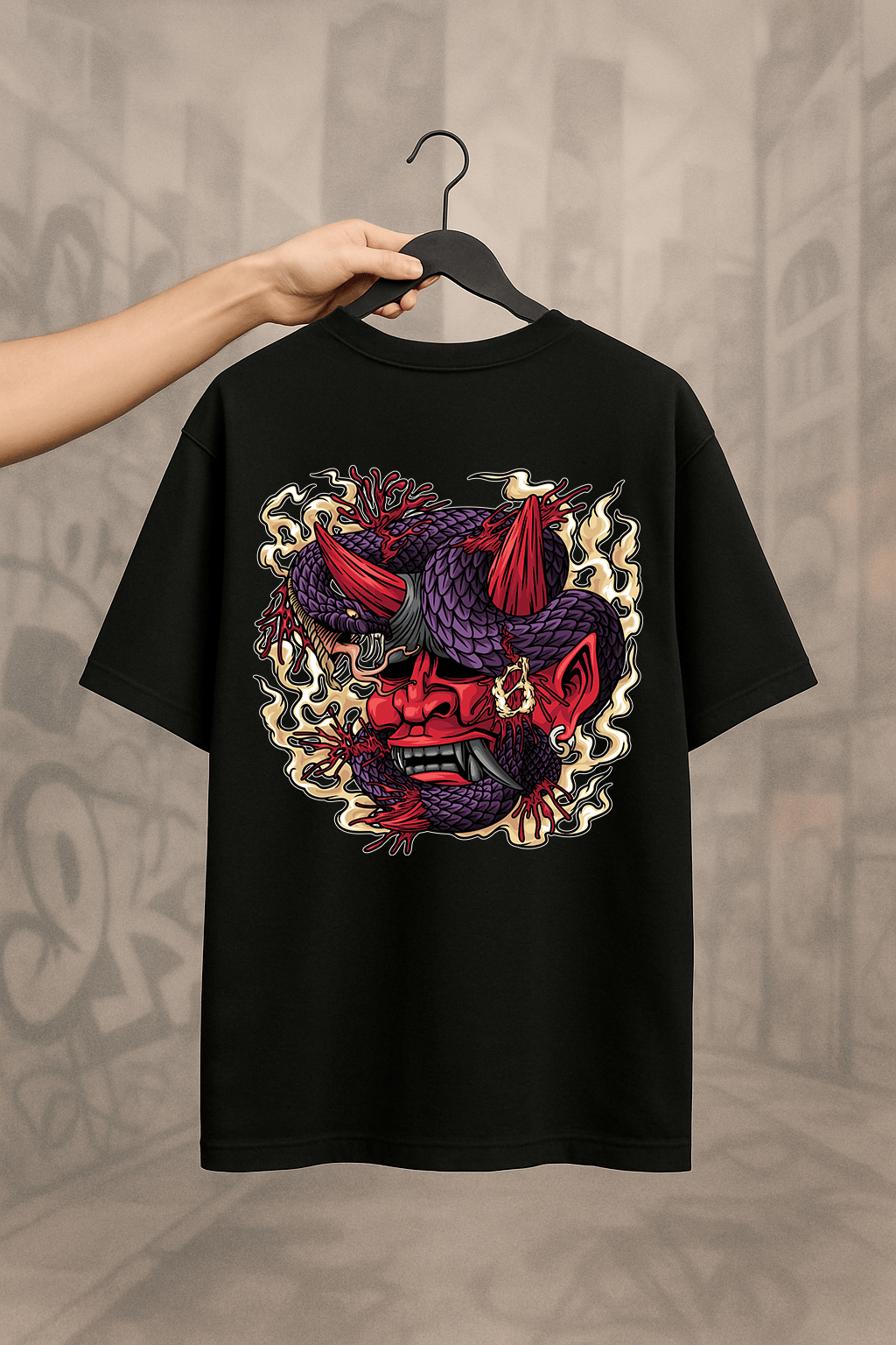 ’Devil and Snake’ Siyah Oversize Tişört 