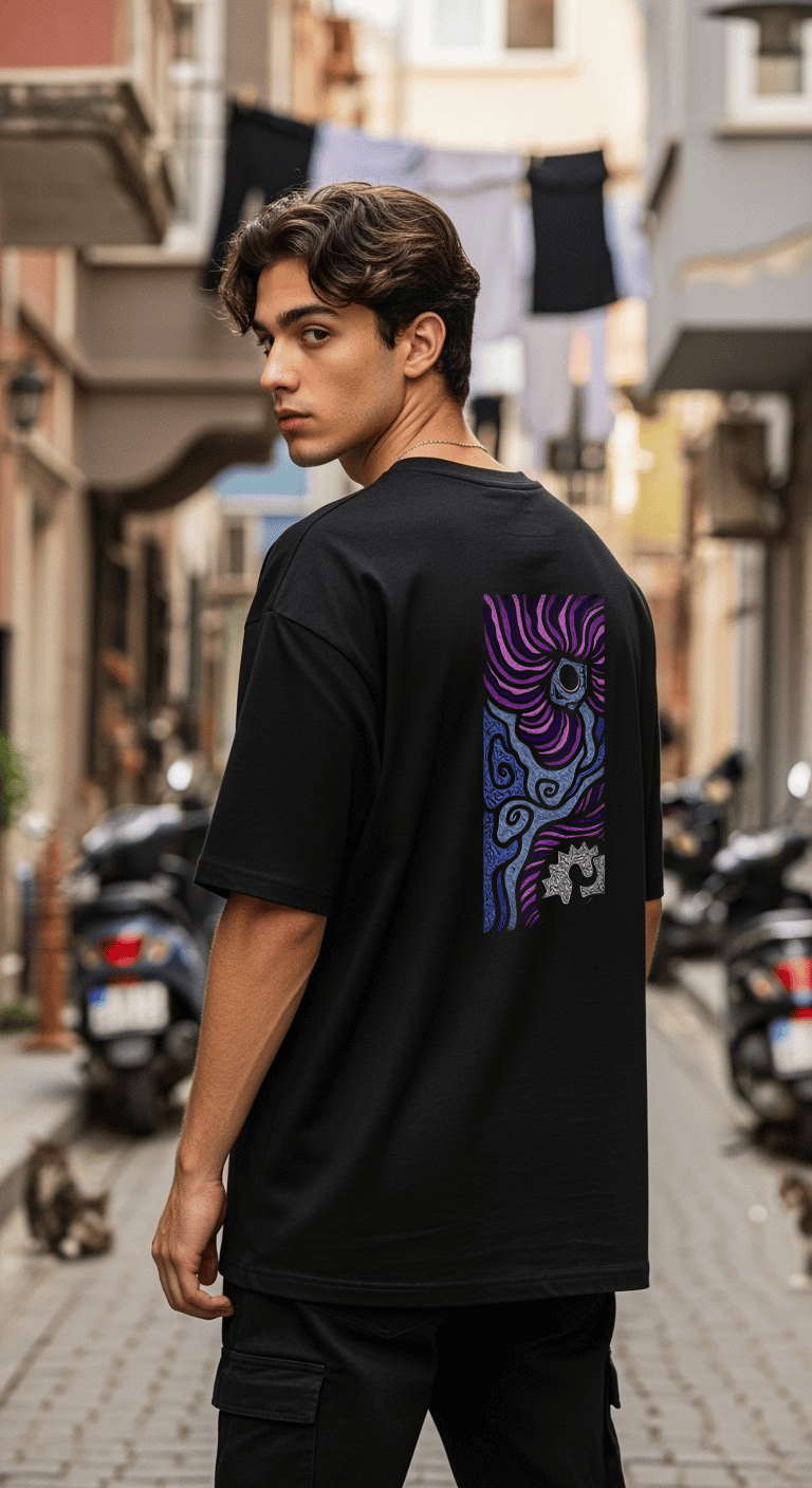 'Artistic Drawing' Siyah Oversize Tişört