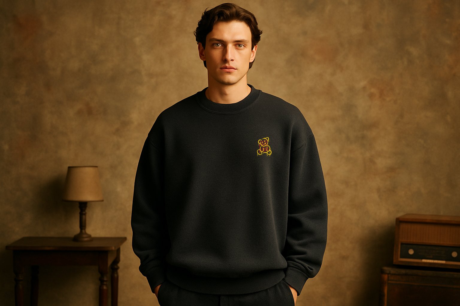'Bear on A Skateboard' Füme Oversize Sweatshirt