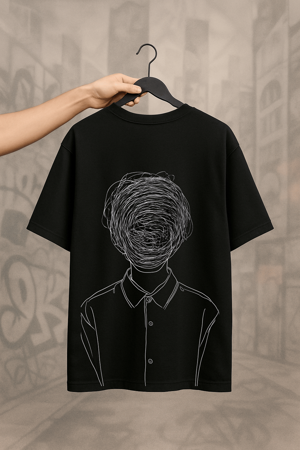 'Confused Lines' Siyah Oversize Tişört