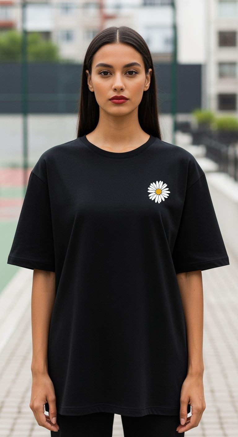 'Daisy' Siyah Oversize Tişört