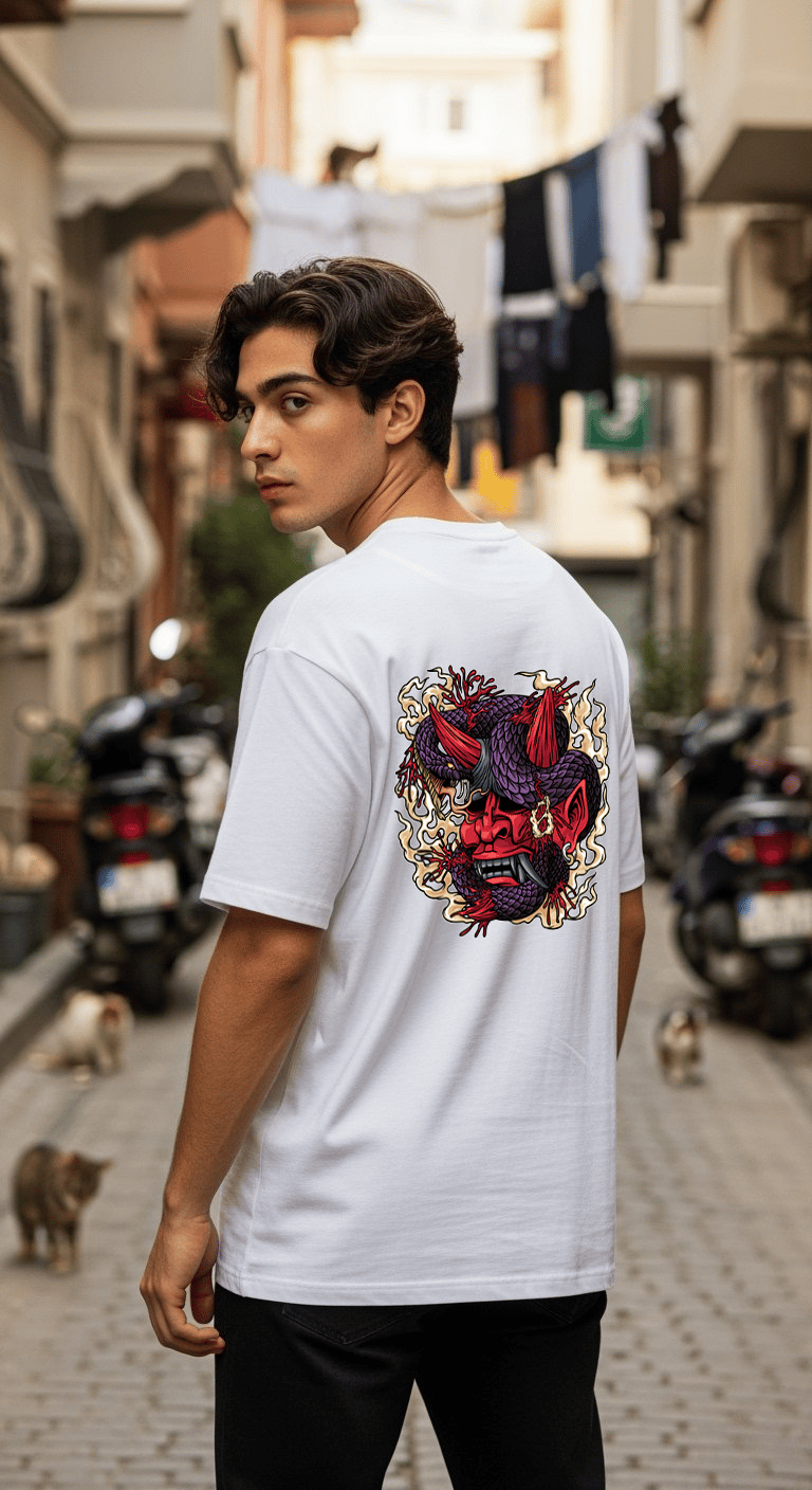 'Devil and Snake' Beyaz Oversize Tişört 