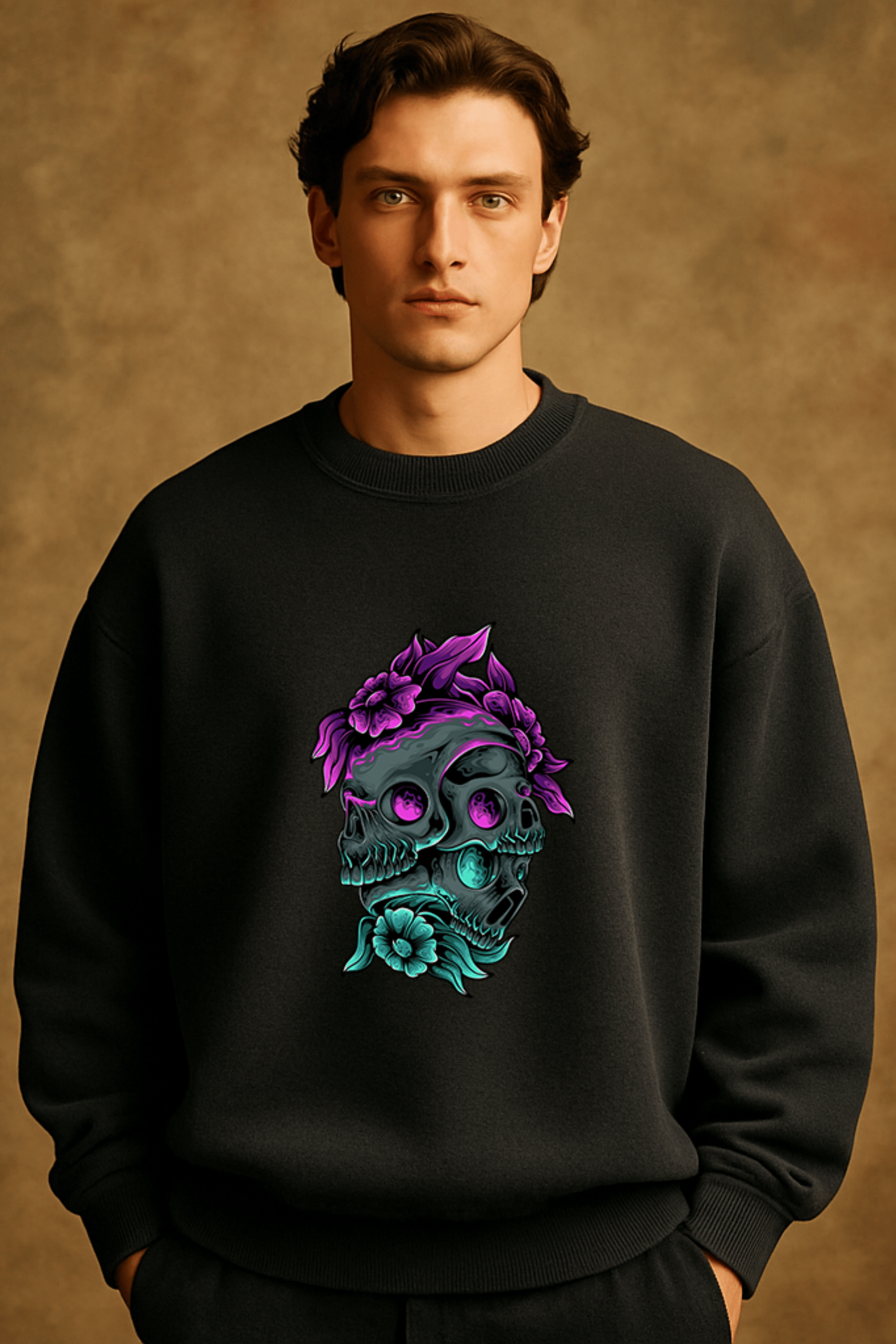 'Flowers and Skulls' II Füme Oversize Sweatshirt