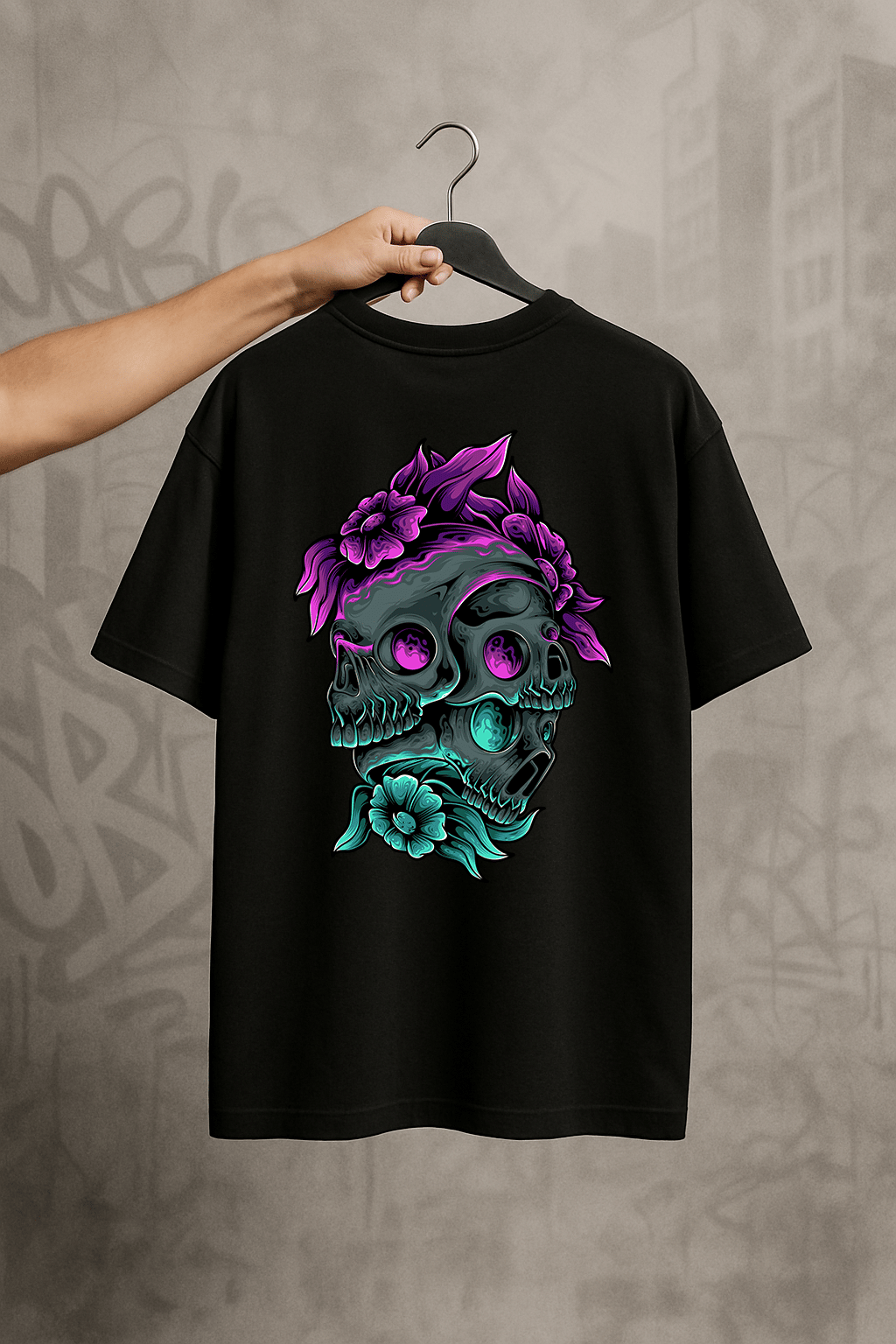 'Flowers and Skulls' Siyah Oversize Tişört
