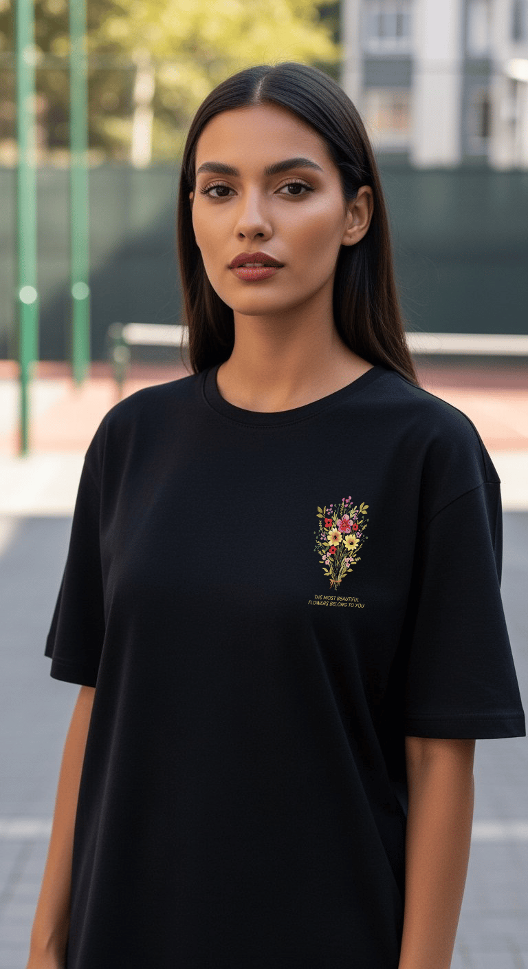 'Flowers Belong to You' Siyah Oversize Tişört
